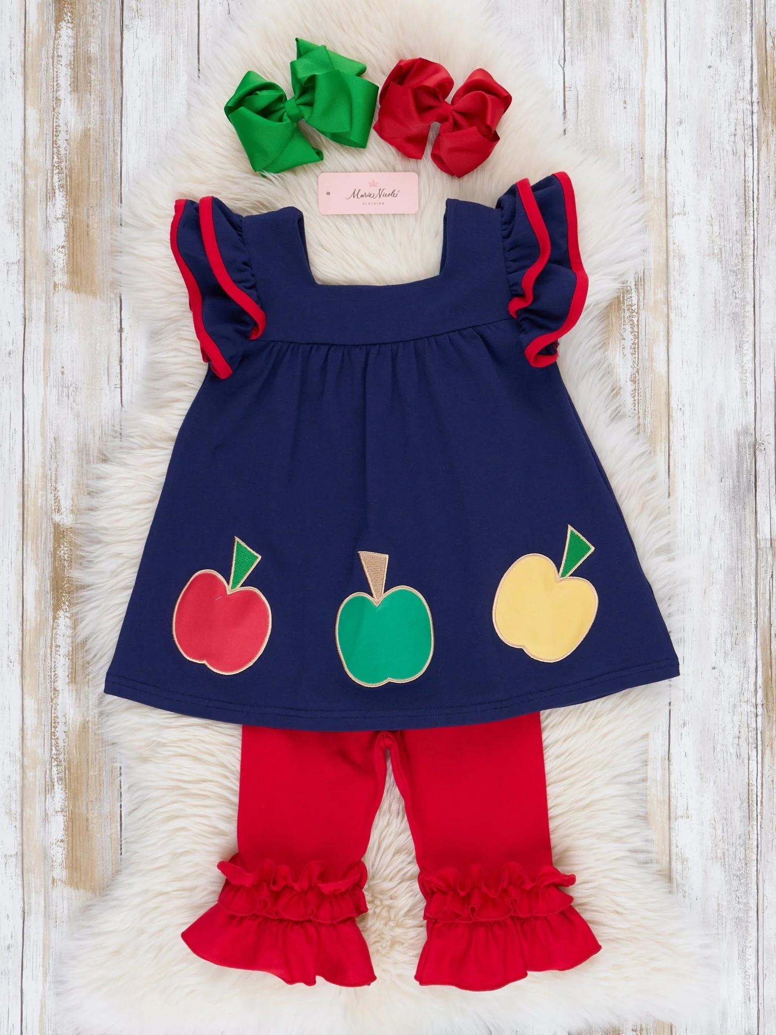 Navy & Red Apple Ruffle Outfit - Image 2