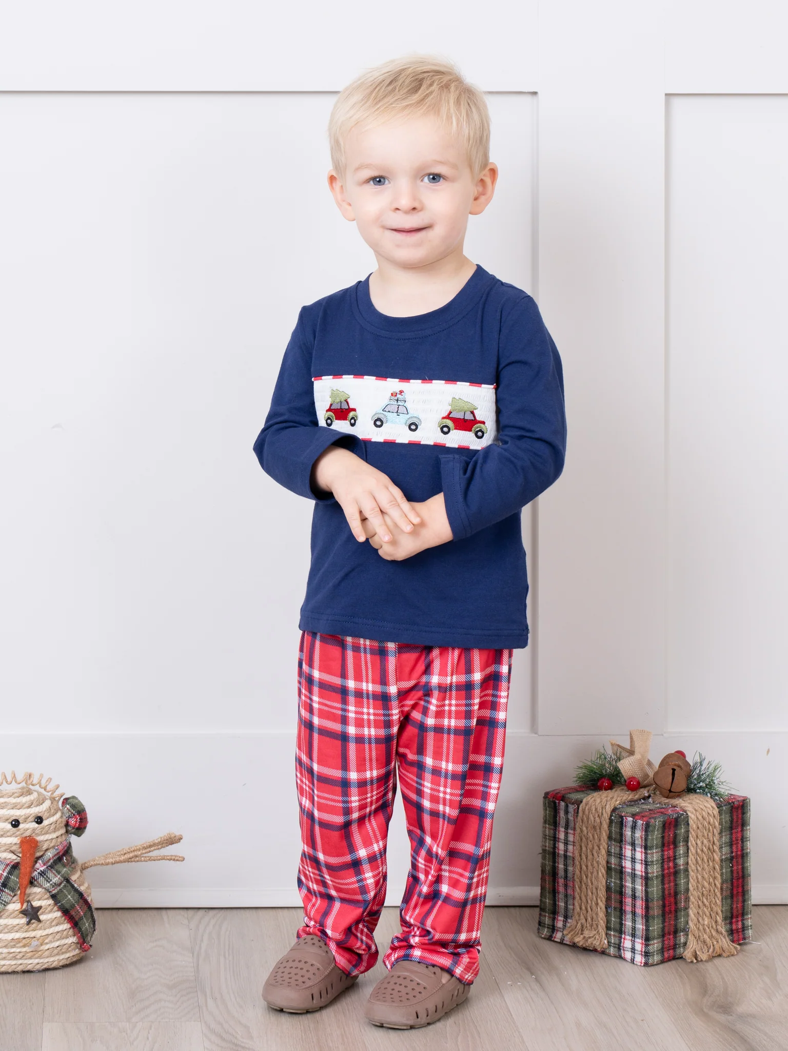 Navy & Red Holiday Plaid Smocked Outfit