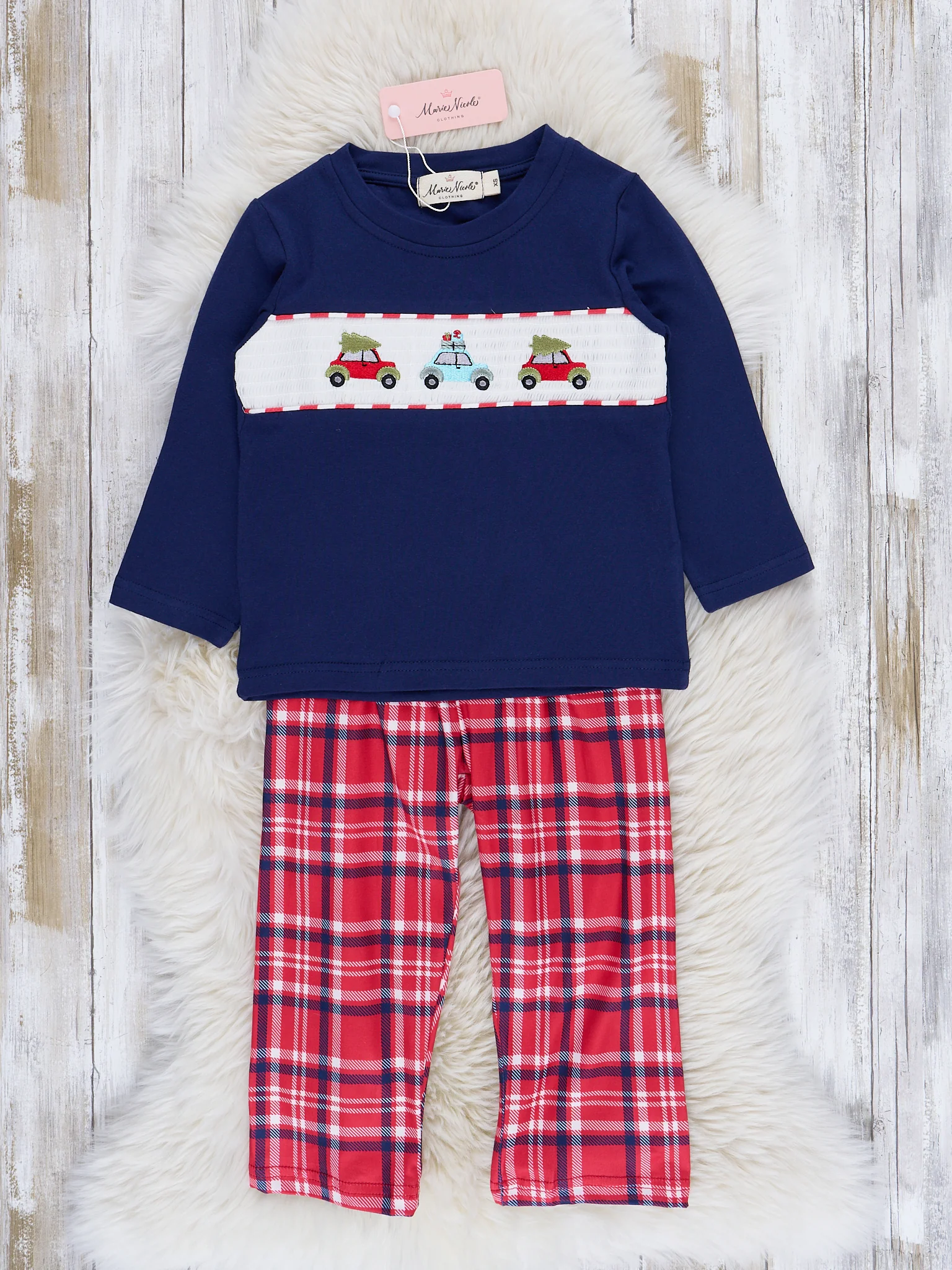 Navy & Red Holiday Plaid Smocked Outfit - Image 2