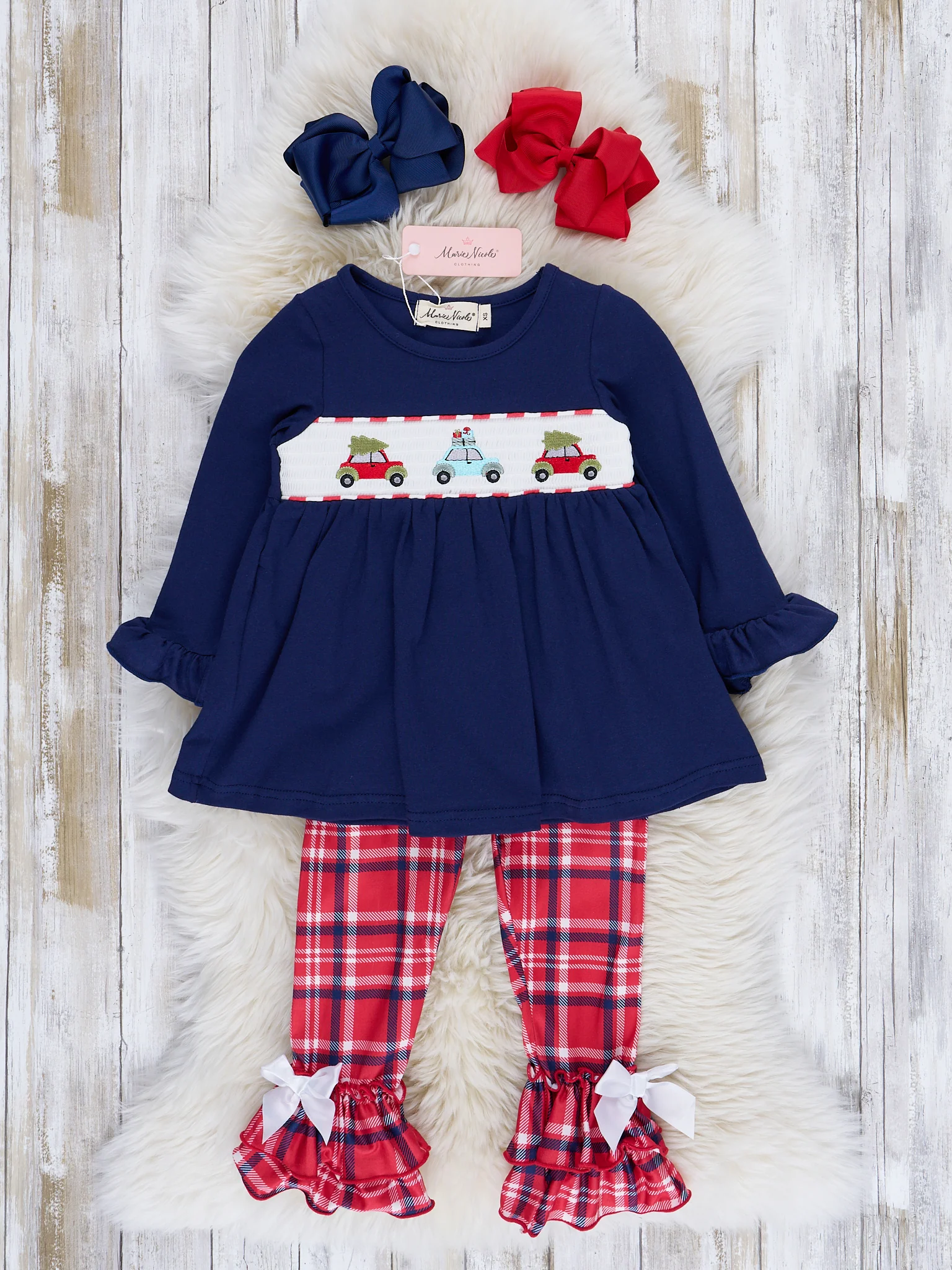 Navy & Red Holiday Plaid Smocked Ruffle Outfit