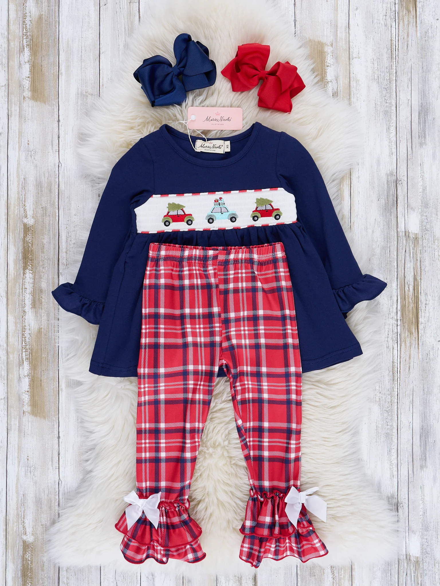 Navy & Red Holiday Plaid Smocked Ruffle Outfit - Image 2