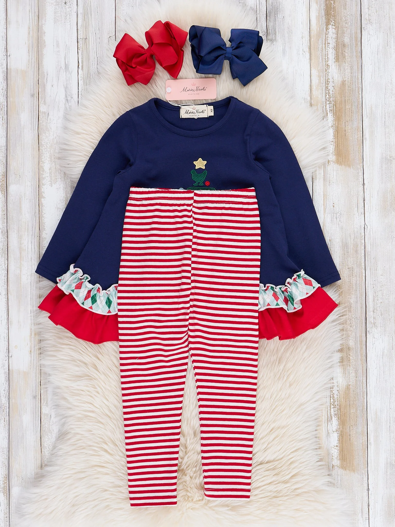 Navy & Red Stripe Embroidered Tree Ruffle Outfit - Image 2
