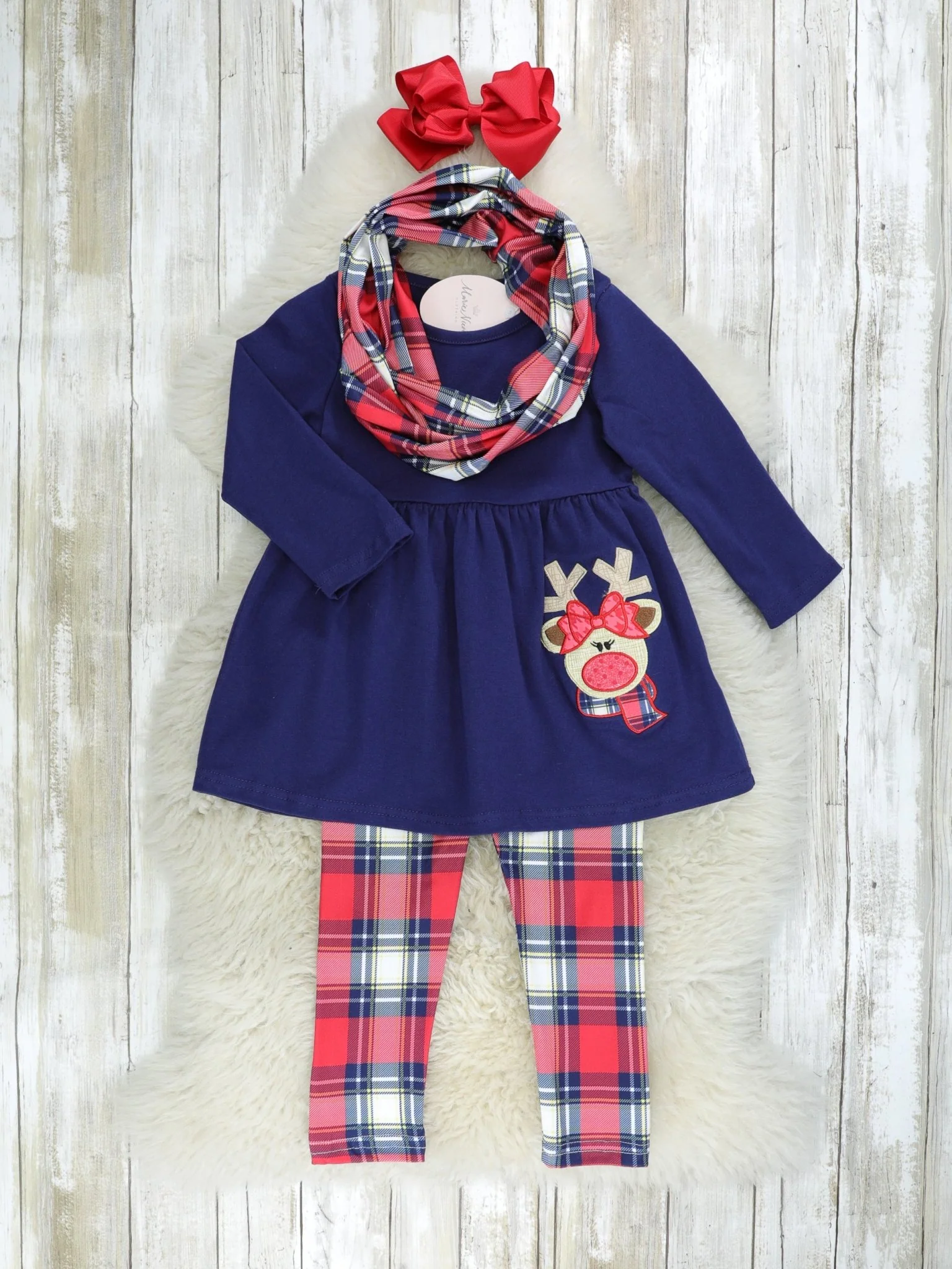 Navy Reindeer Plaid Peplum 3-Piece Outfit