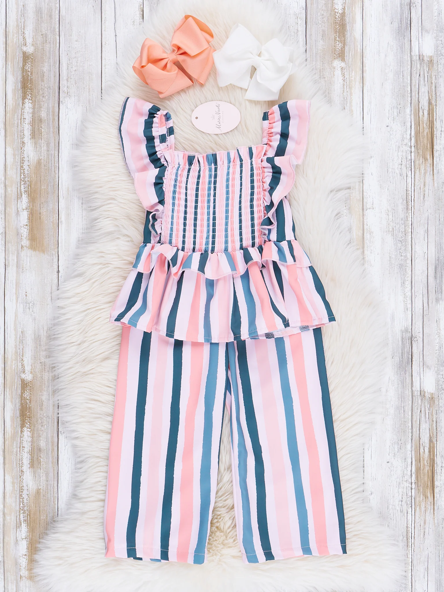 Navy & Rose Stripes Smocked Ruffle Outfit