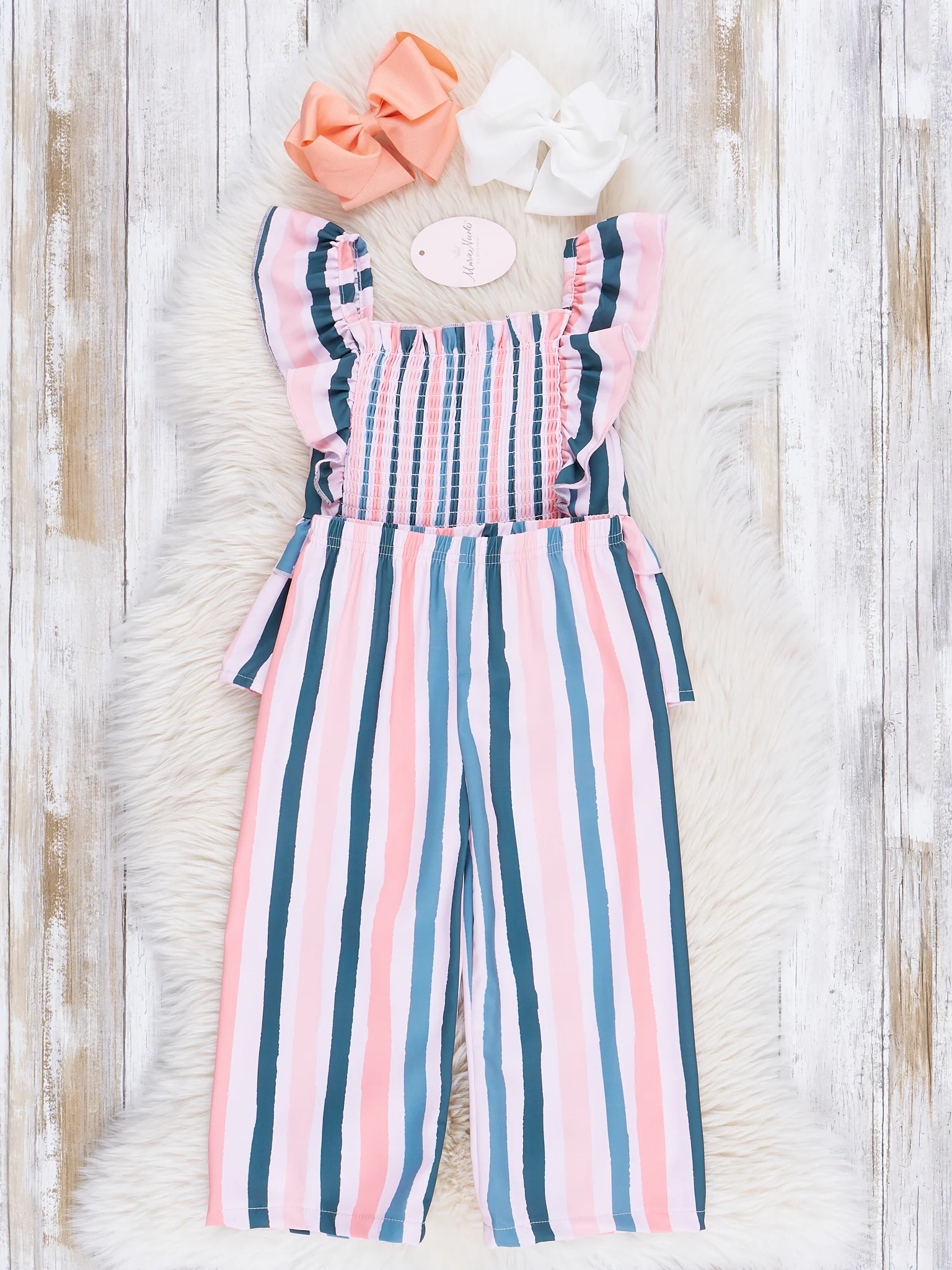 Navy & Rose Stripes Smocked Ruffle Outfit - Image 2