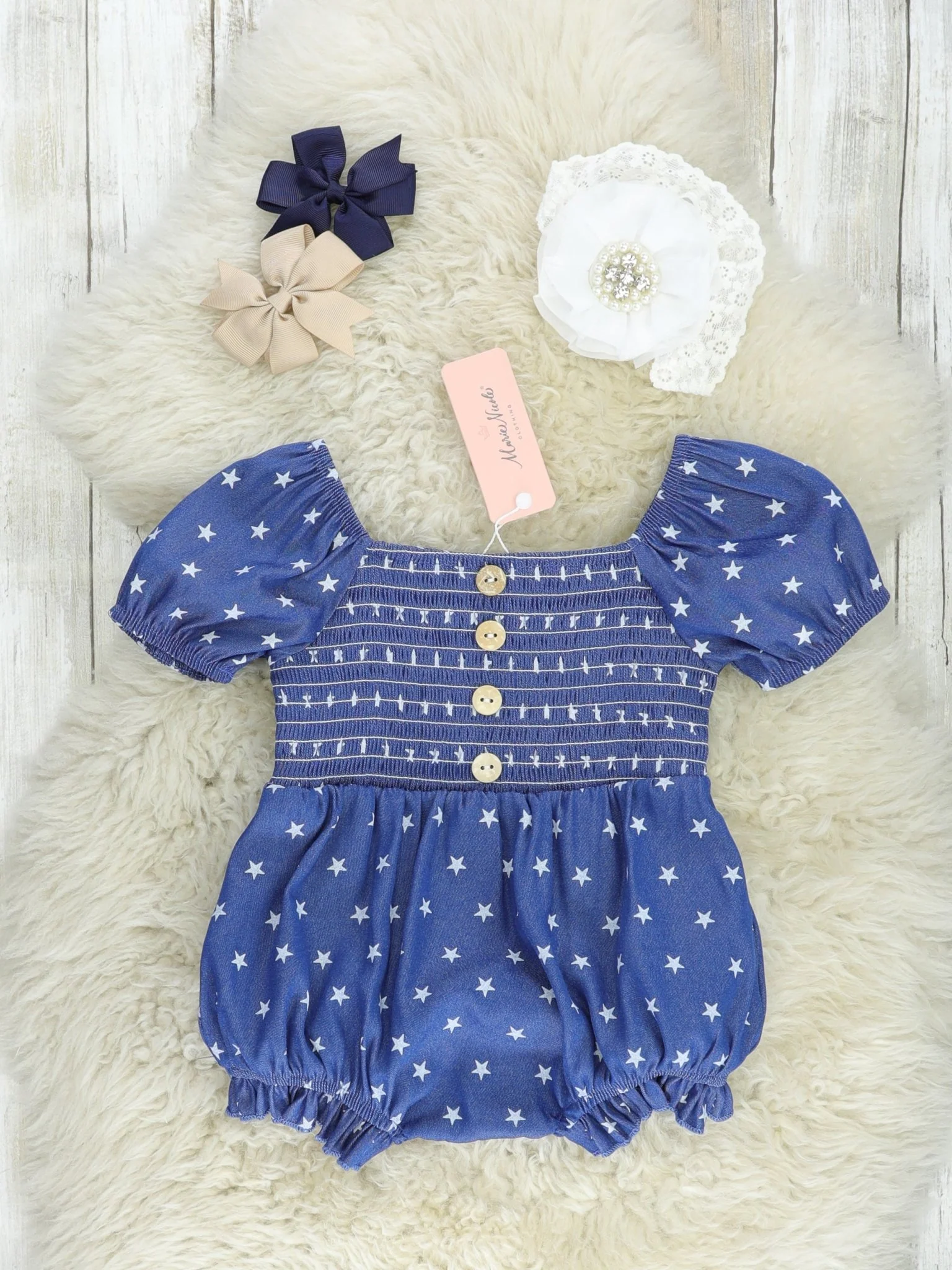 Navy Smocked Little Star Bubble Romper