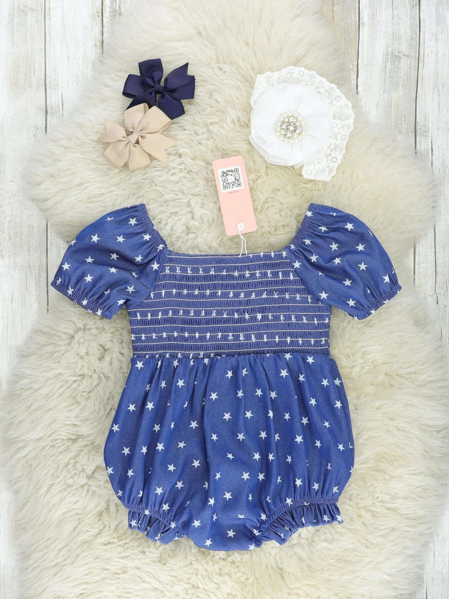 Navy Smocked Little Star Bubble Romper - Image 2