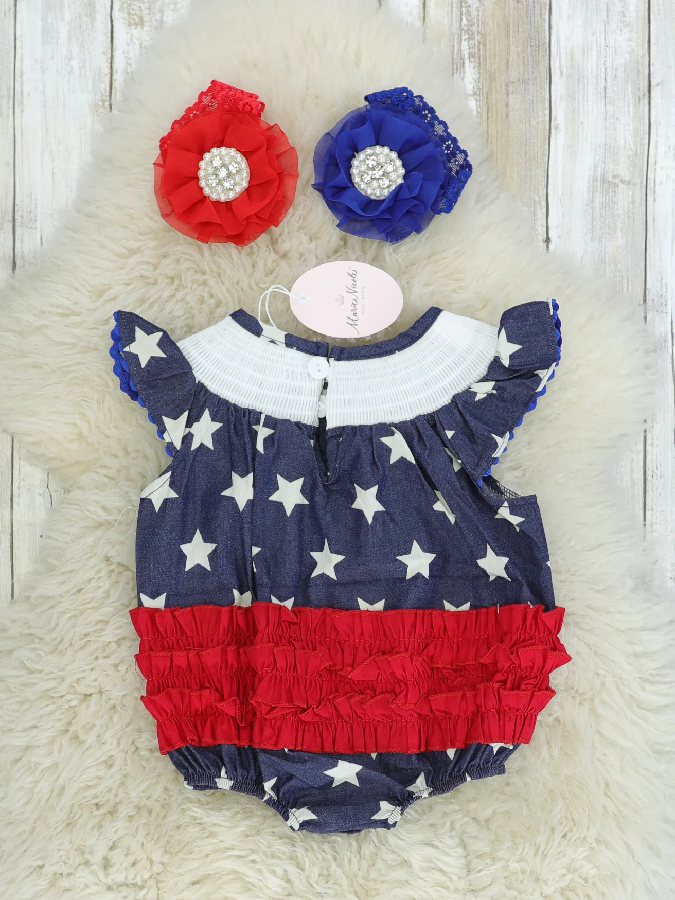Navy Smocked Star Bubble Romper - Image 2