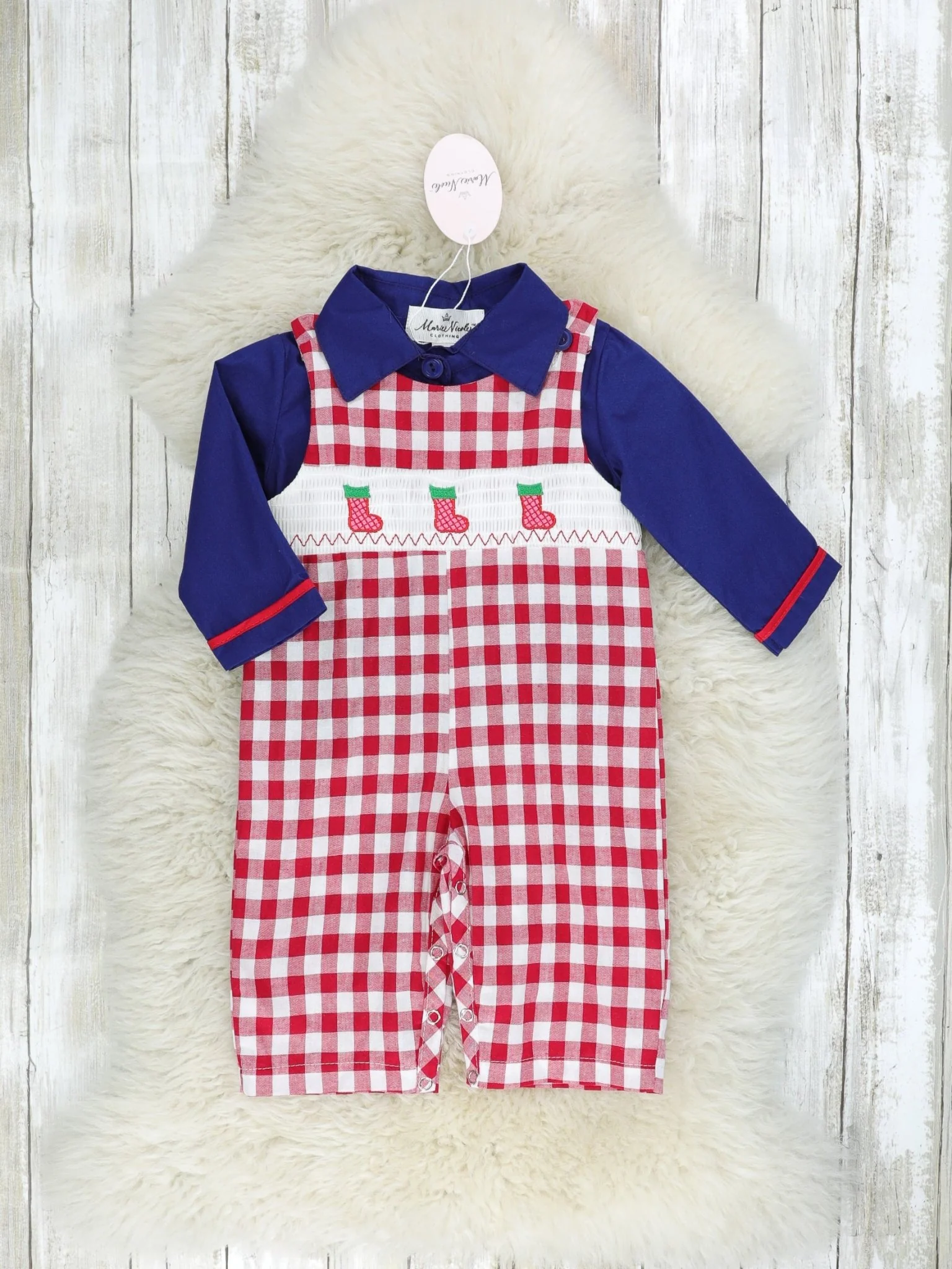 Navy Stocking & Red Gingham Smocked Romper