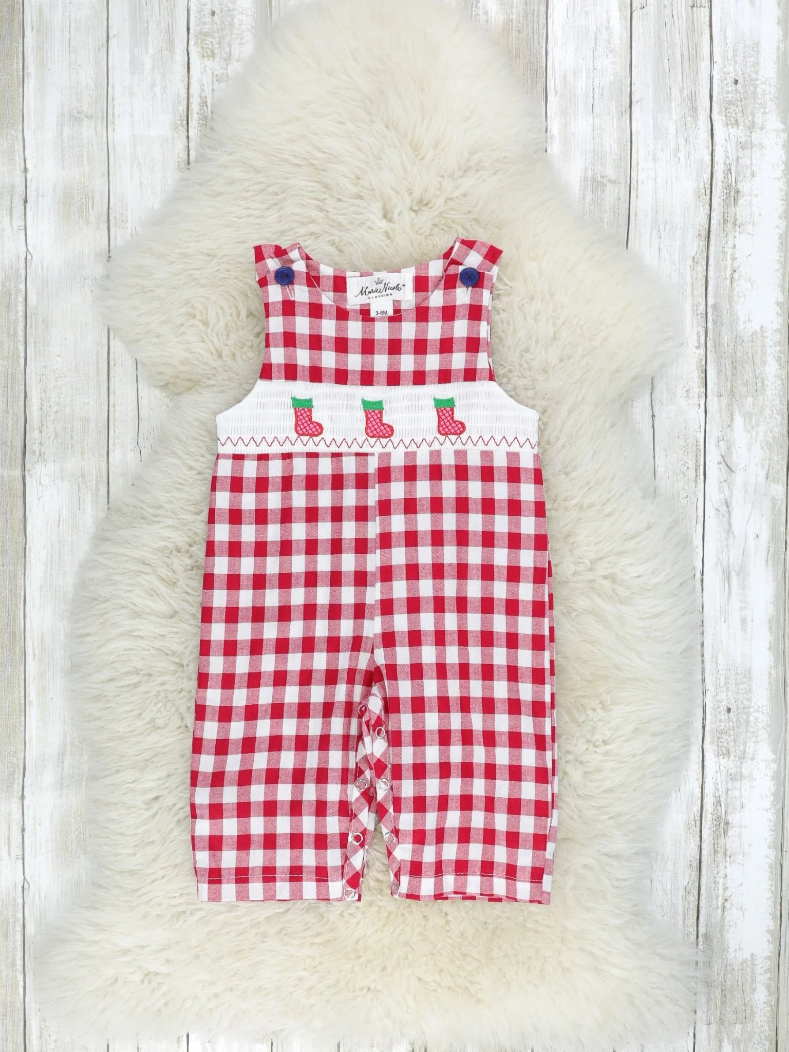 Navy Stocking & Red Gingham Smocked Romper - Image 3