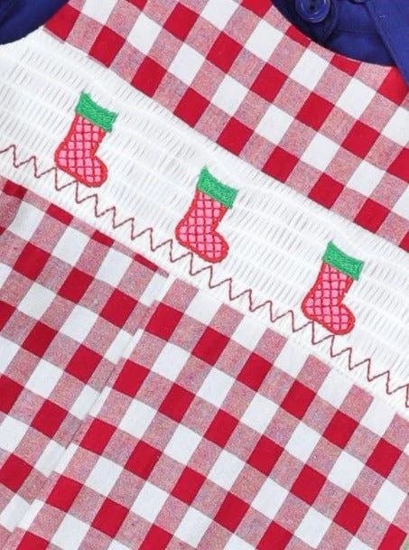 Navy Stocking & Red Gingham Smocked Romper - Image 4