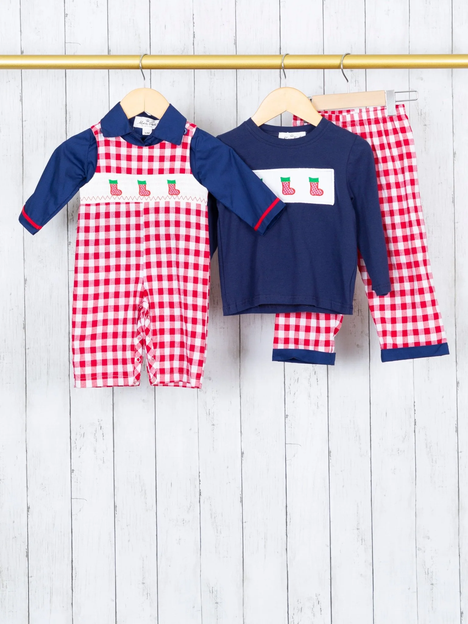 Navy Stocking & Red Gingham Smocked Romper - Image 5