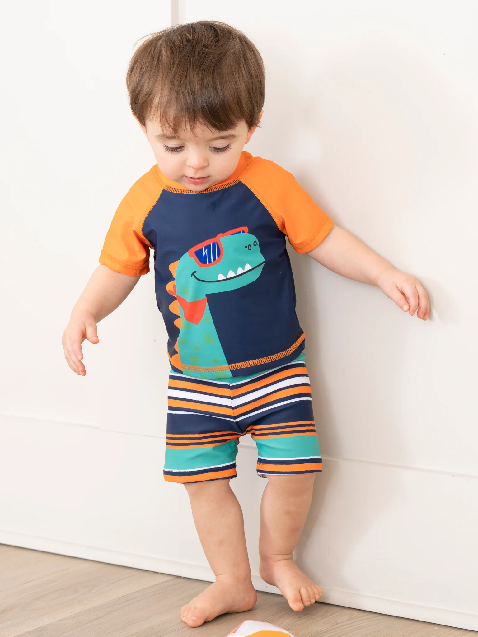 Navy Striped Dino Rash Guard & Swim Shorts - Image 4