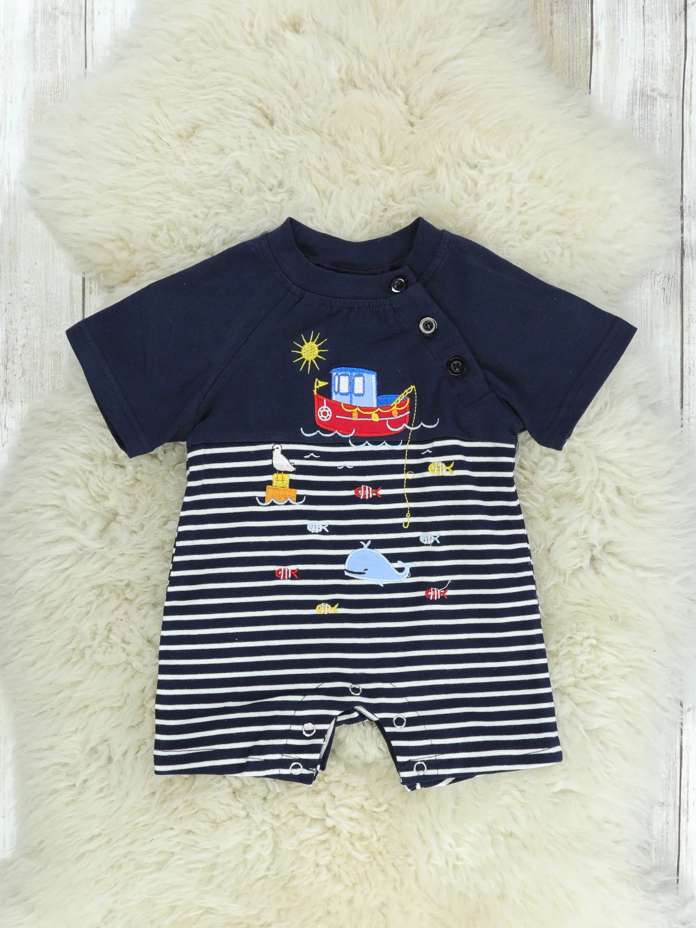Navy Striped Fishing Romper