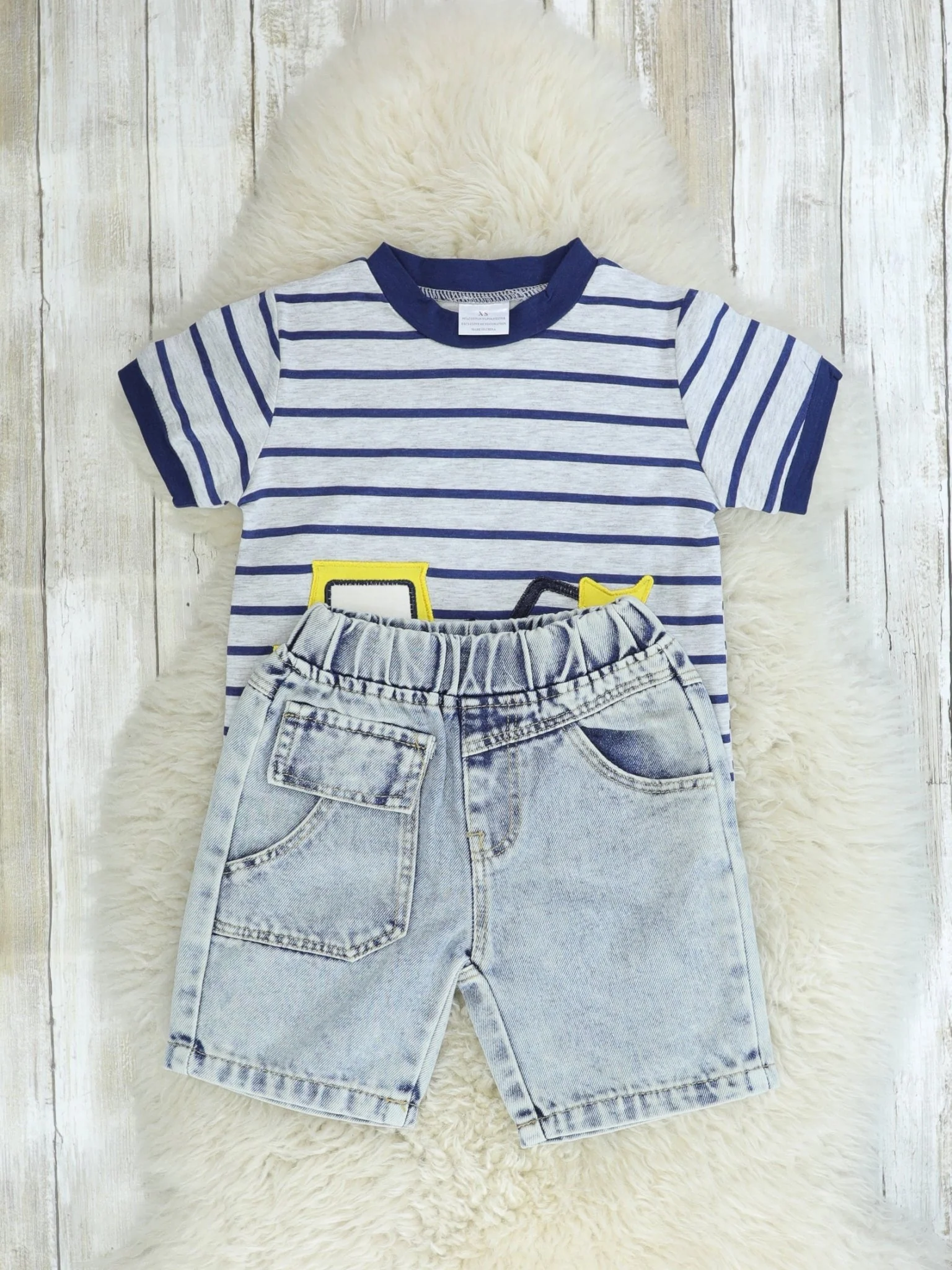 Navy Striped Top & Denim Shorts Outfit - Image 2