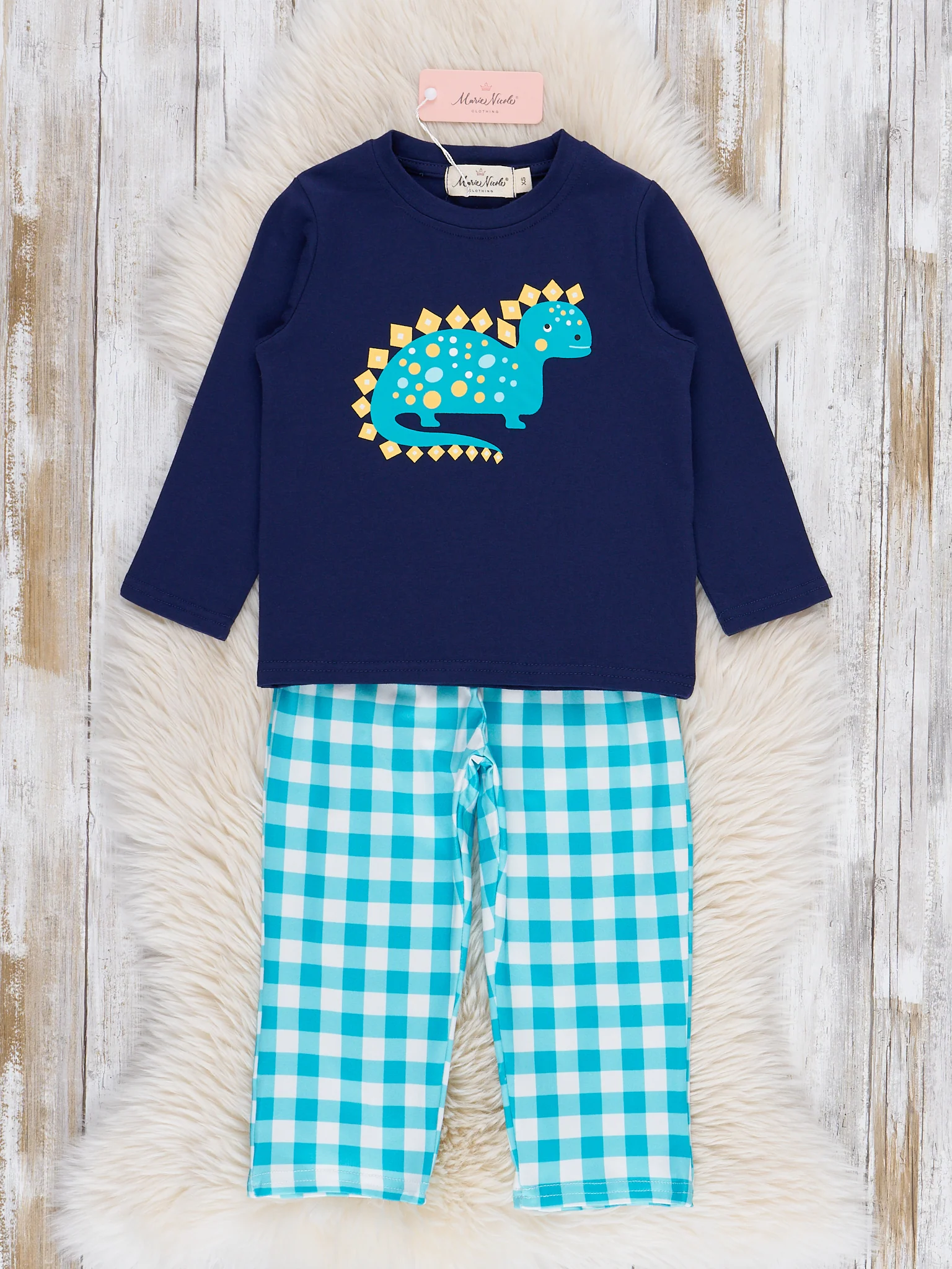 Navy & Teal Brontosaurus Plaid Outfit