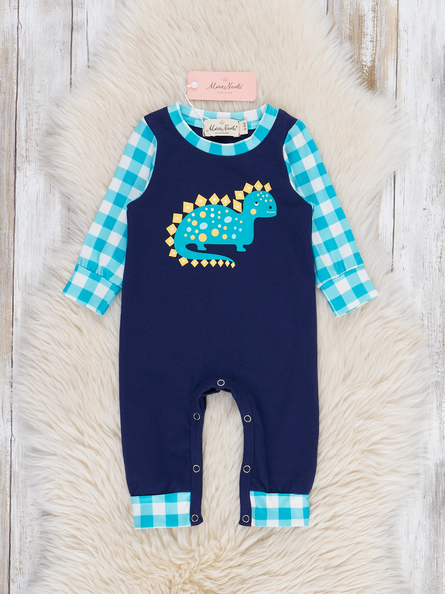 Navy & Teal Brontosaurus Plaid Romper