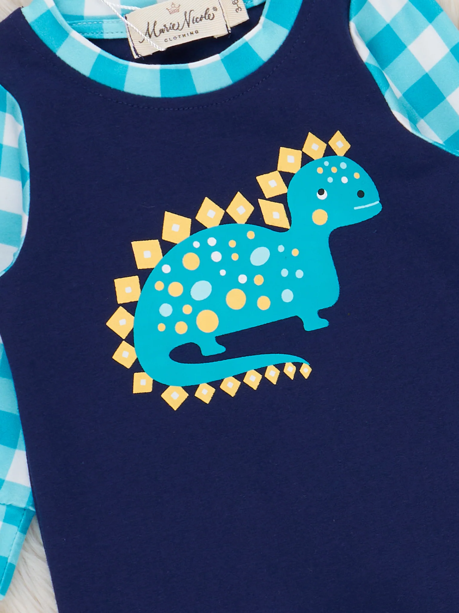 Navy & Teal Brontosaurus Plaid Romper - Image 2
