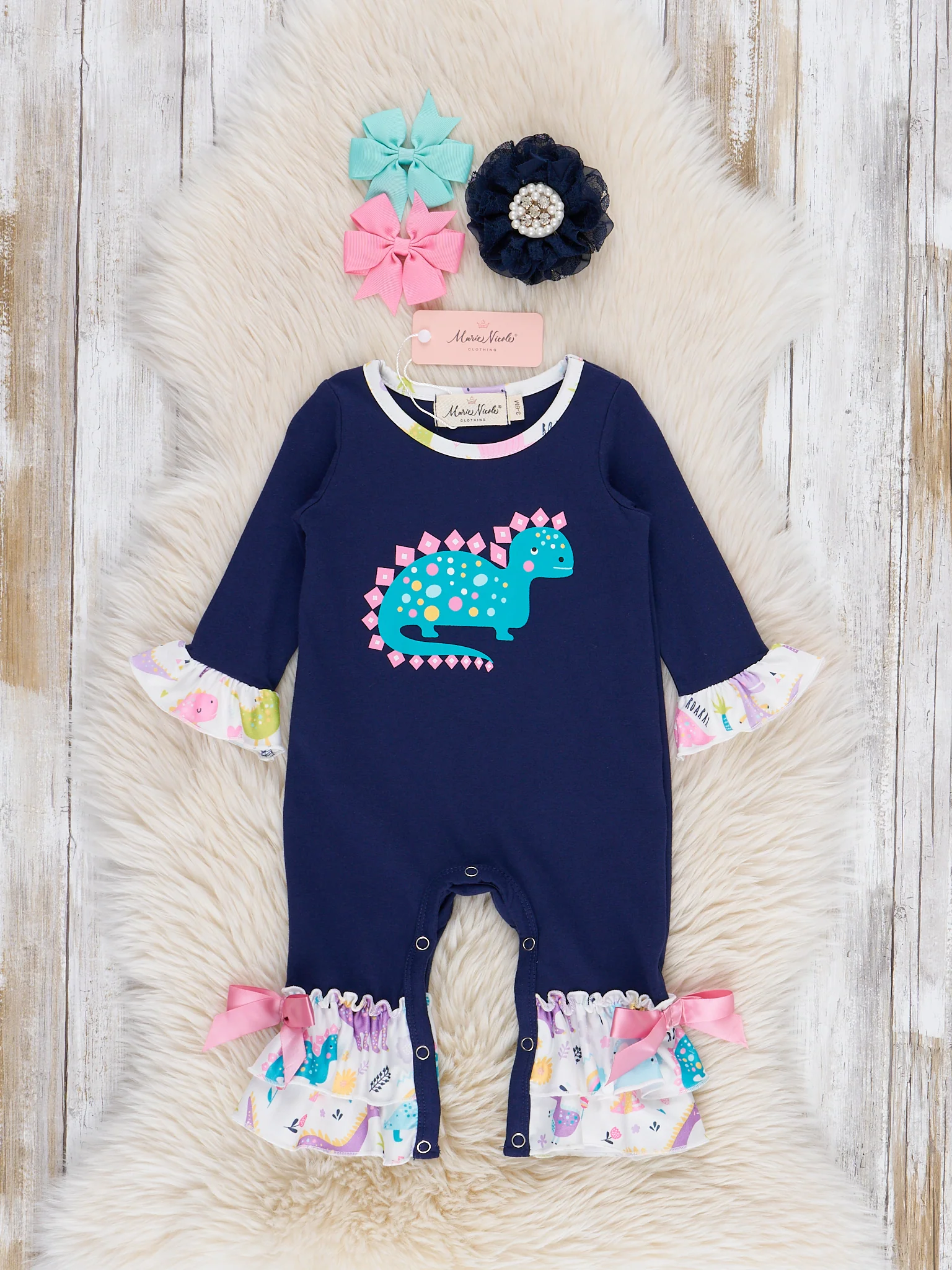Navy & Teal Brontosaurus Ruffle Romper