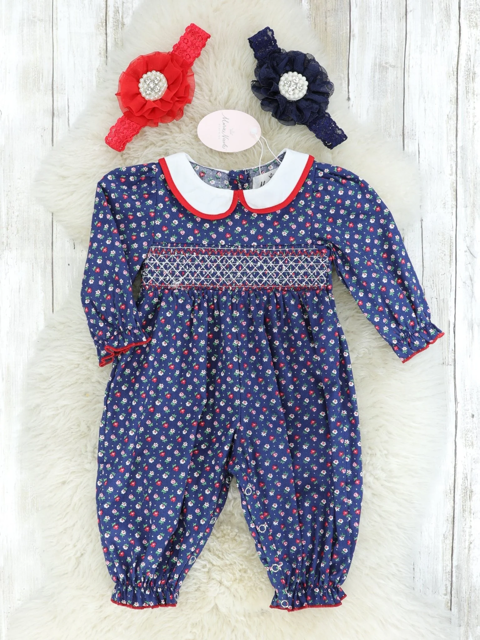 Navy Vintage Floral Smocked Romper
