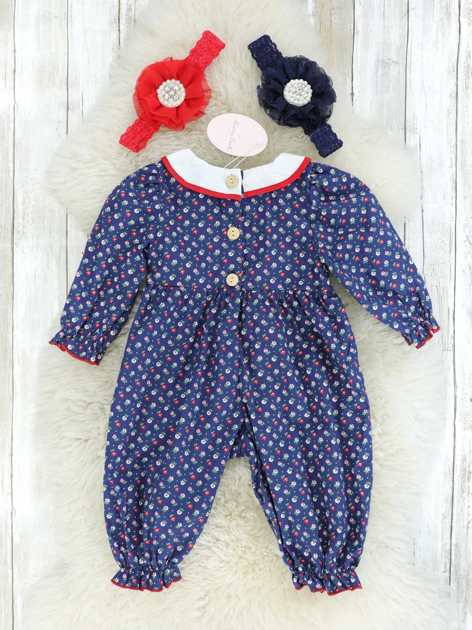 Navy Vintage Floral Smocked Romper - Image 2
