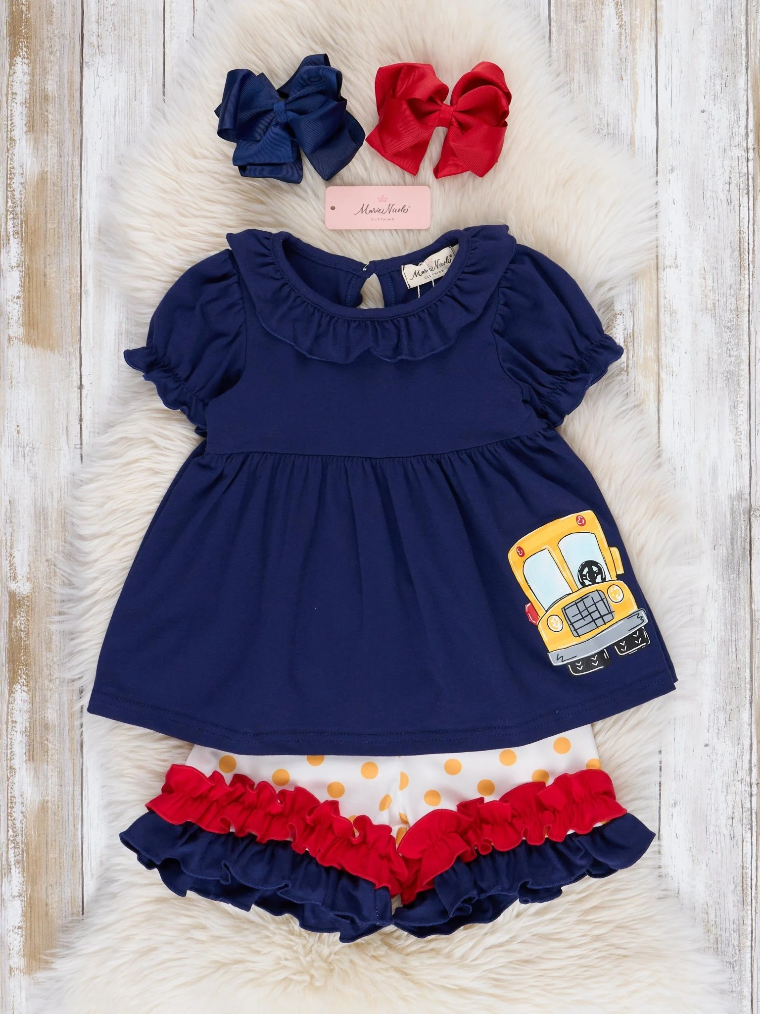 Navy Wheels on the Bus Ruffle Outfit