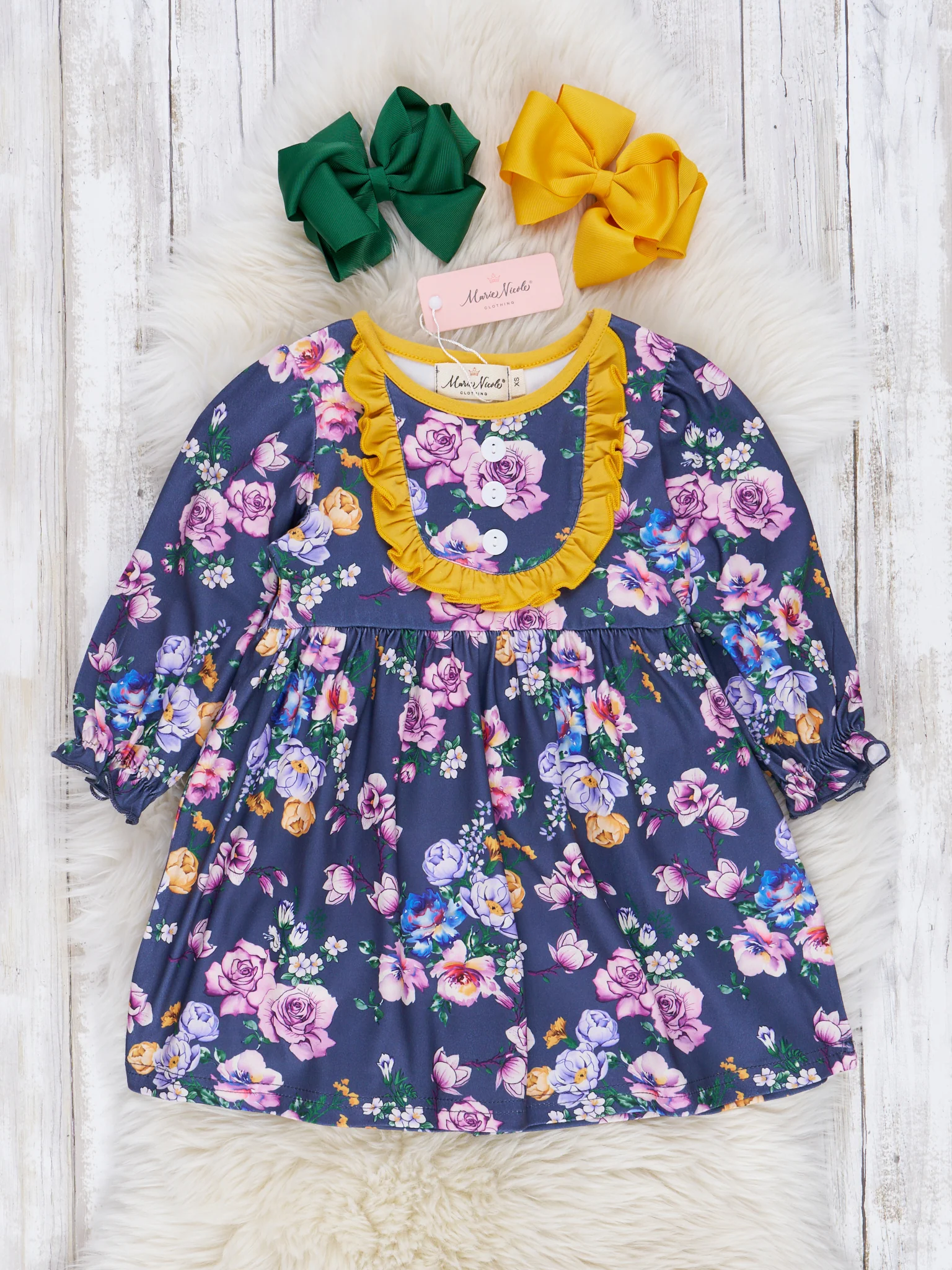 Navy & Yellow Autumn Blossoms Ruffle Dress