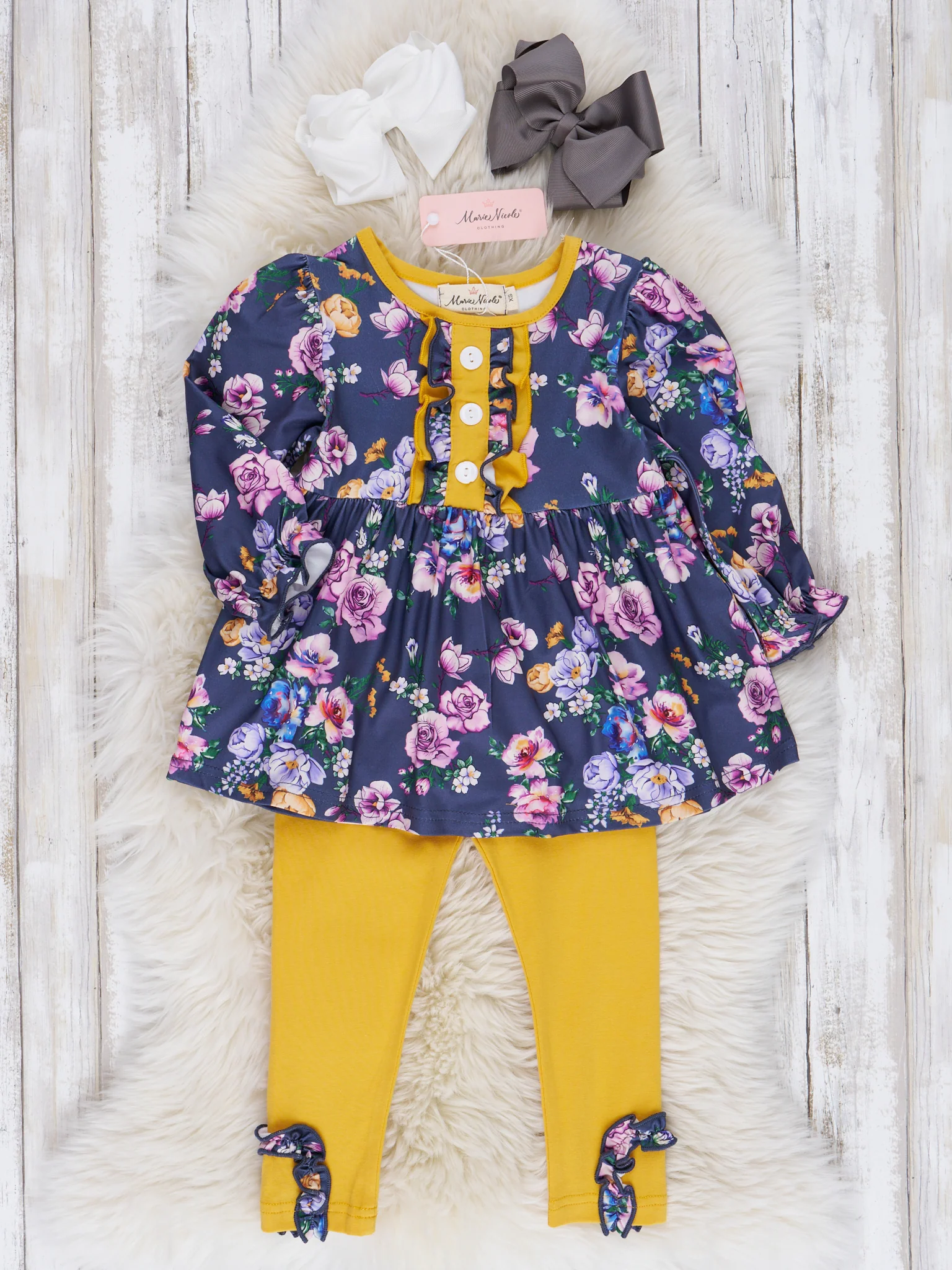 Navy & Yellow Autumn Blossoms Ruffle Outfit