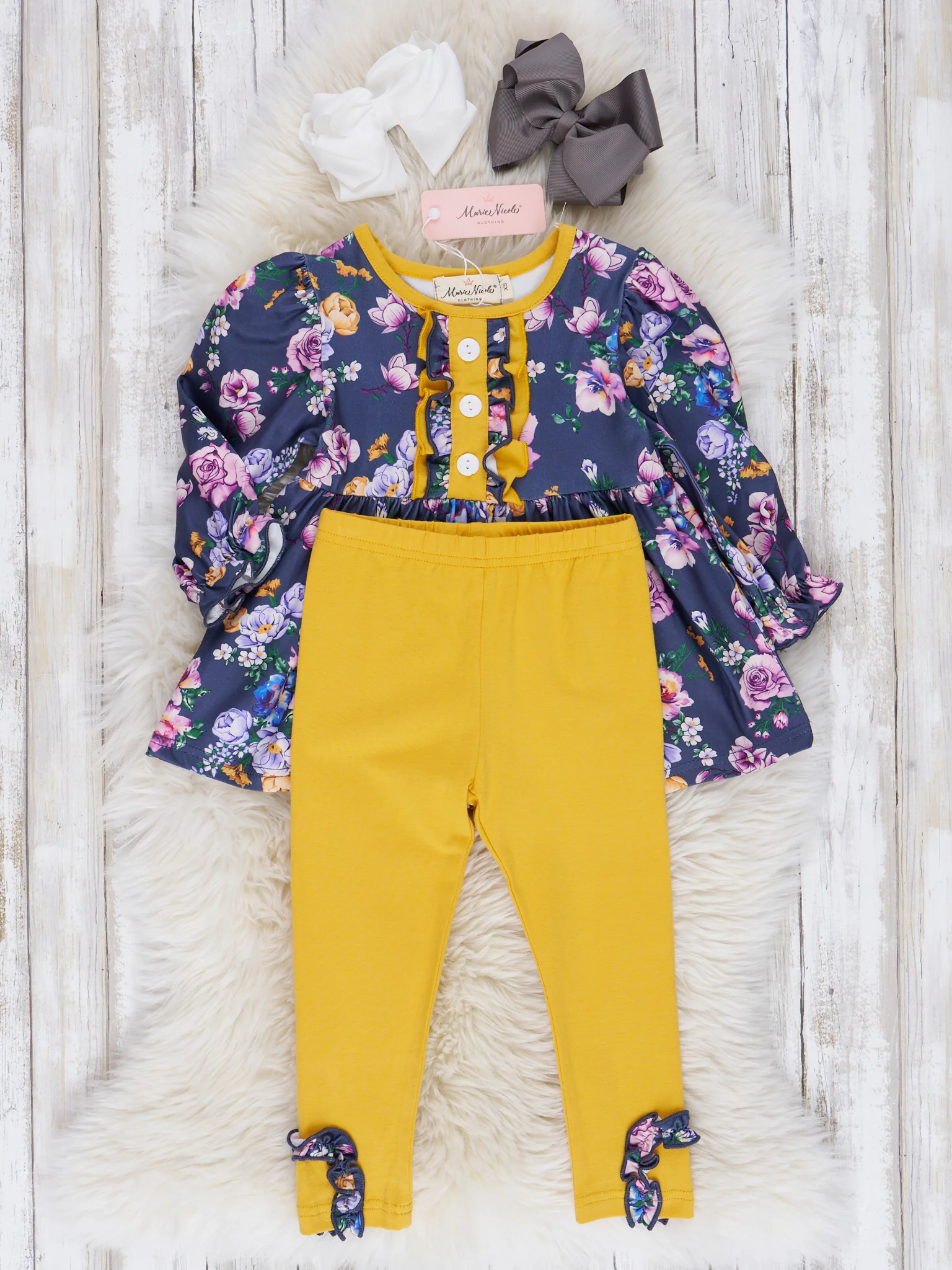 Navy & Yellow Autumn Blossoms Ruffle Outfit - Image 2