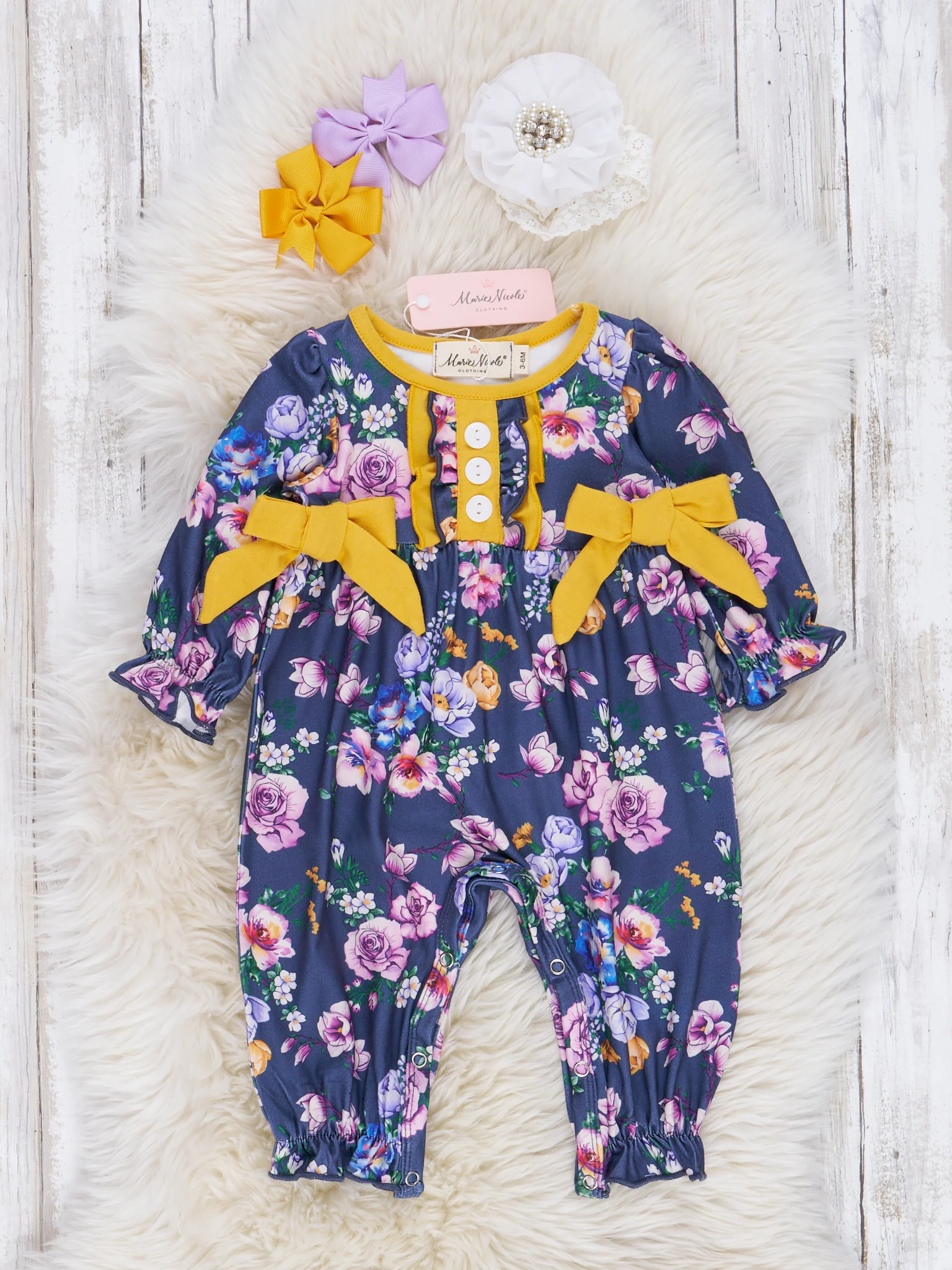 Navy & Yellow Autumn Blossoms Ruffle Romper