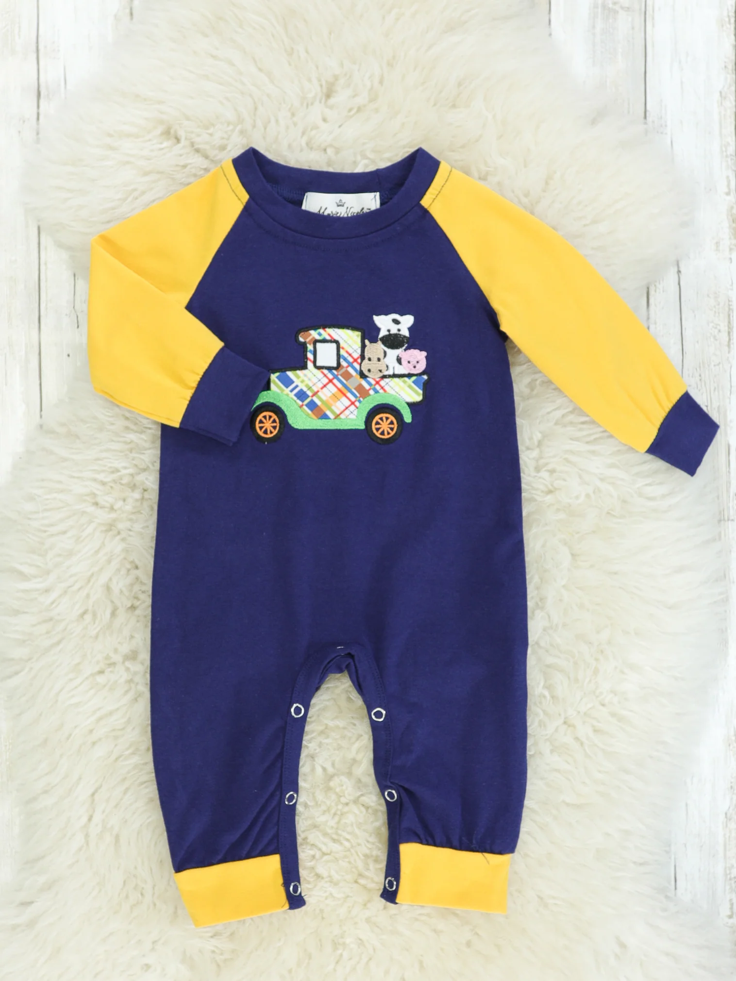 Navy & Yellow Farm Truck Raglan Romper