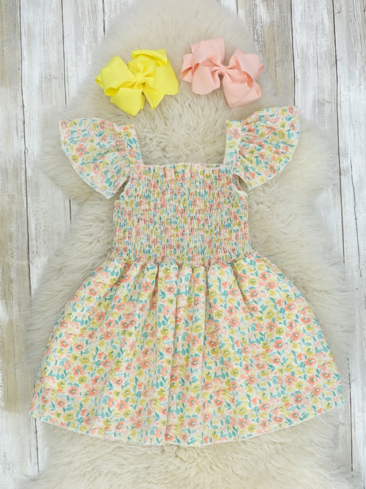 Neutral Floral Fluttersleeve Smocked Dress