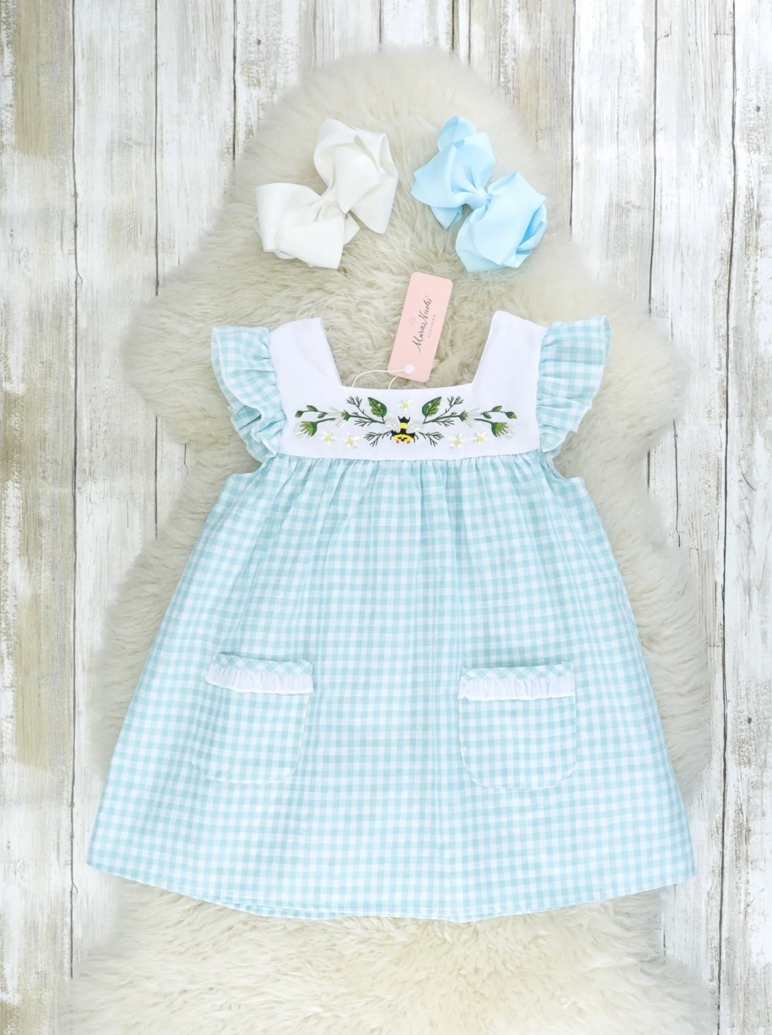 Nile Blue Gingham Bee Pocket Dress