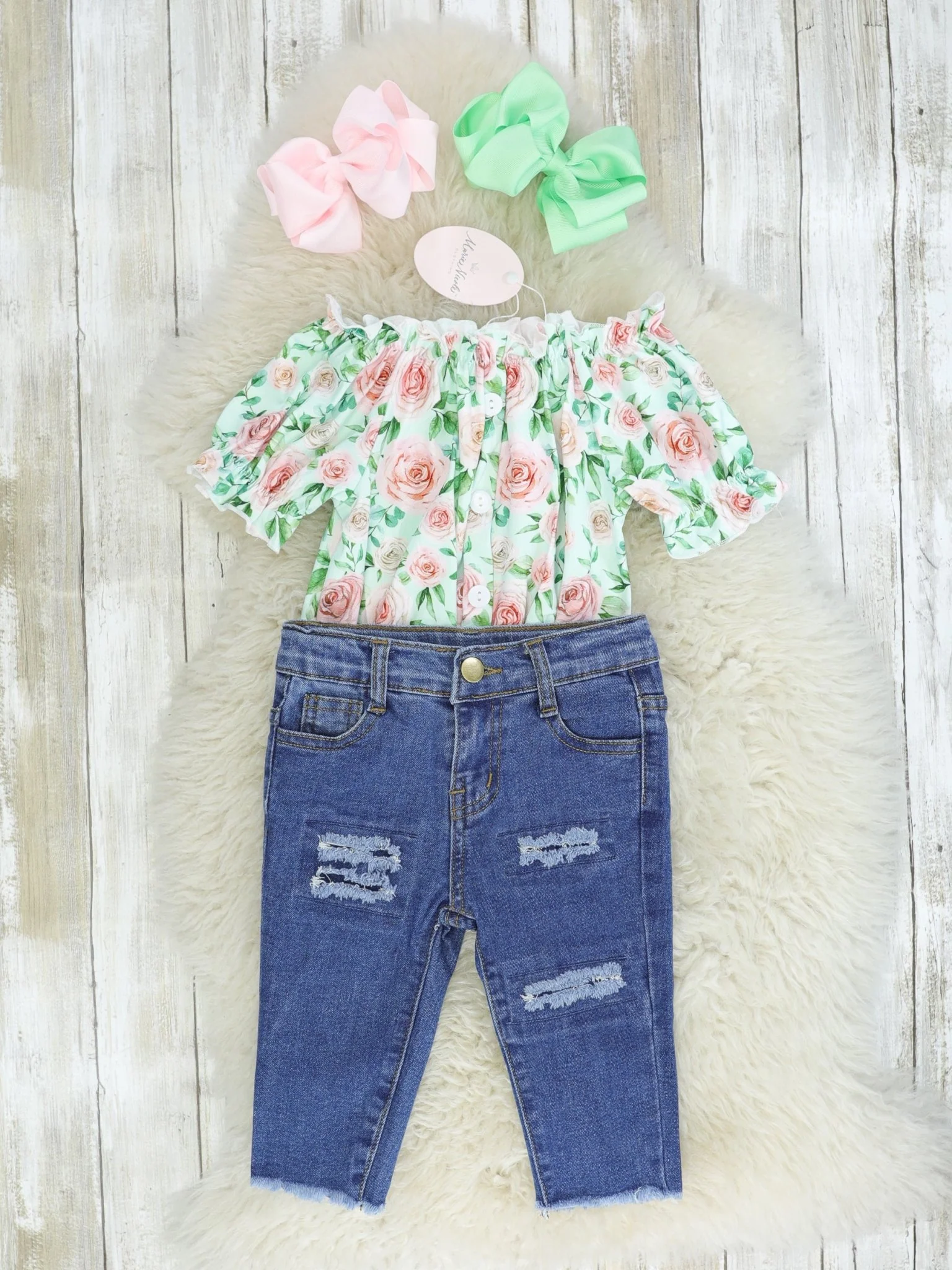 Off-the-shoulder Rose Top & Distressed Denim Outfit - Image 2