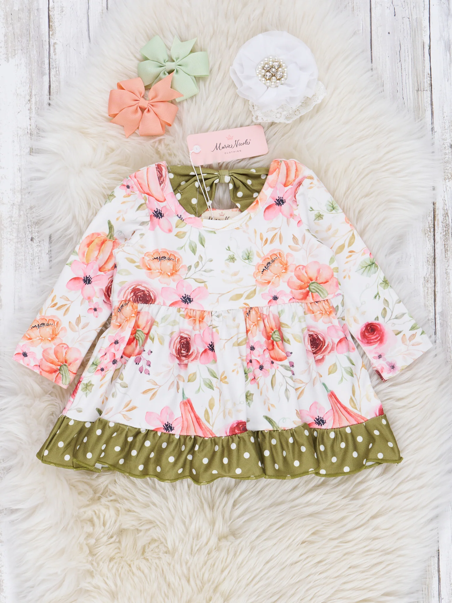 Olive Dots & Peach Blooms Ruffle Romper