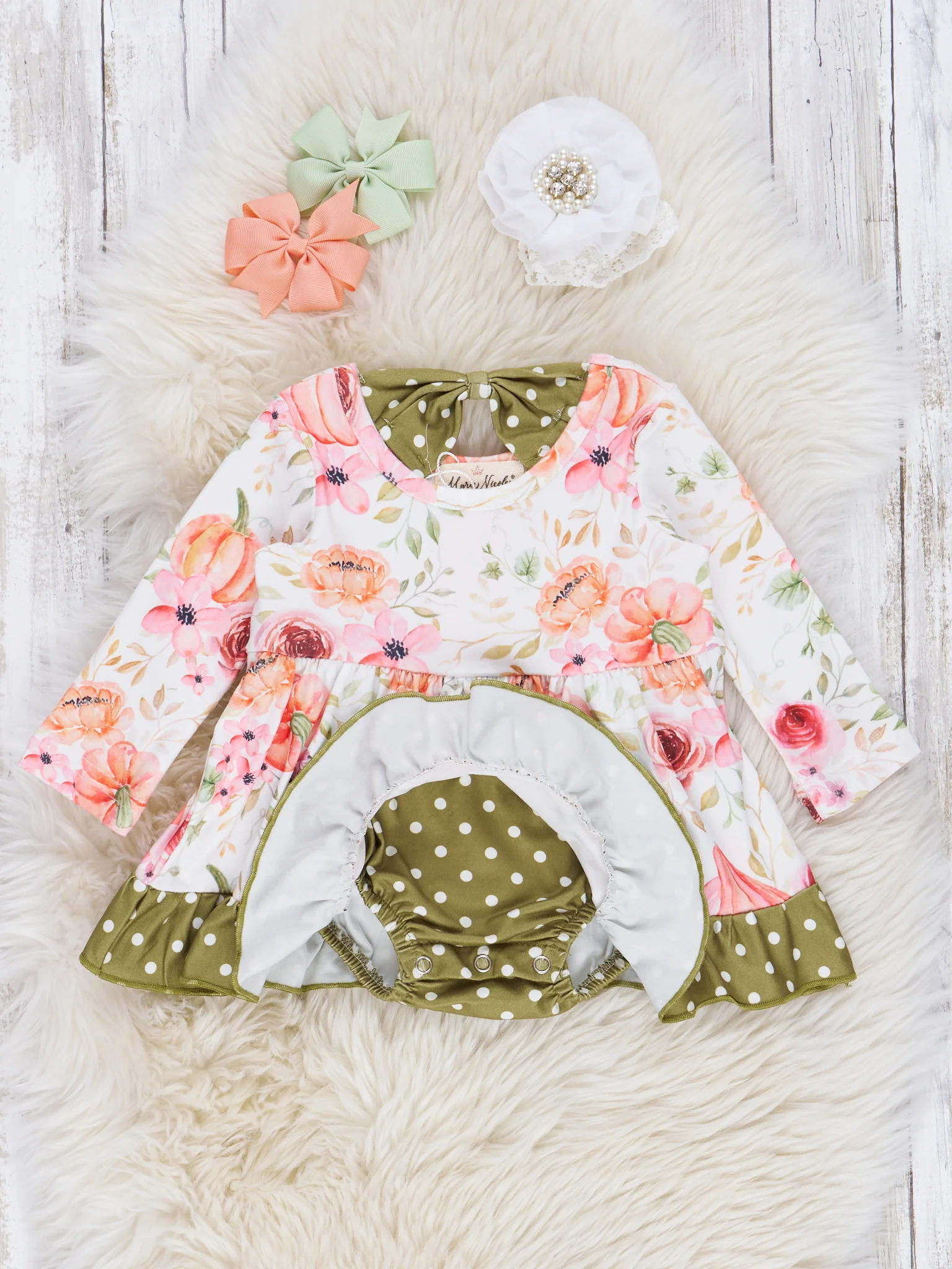 Olive Dots & Peach Blooms Ruffle Romper - Image 2