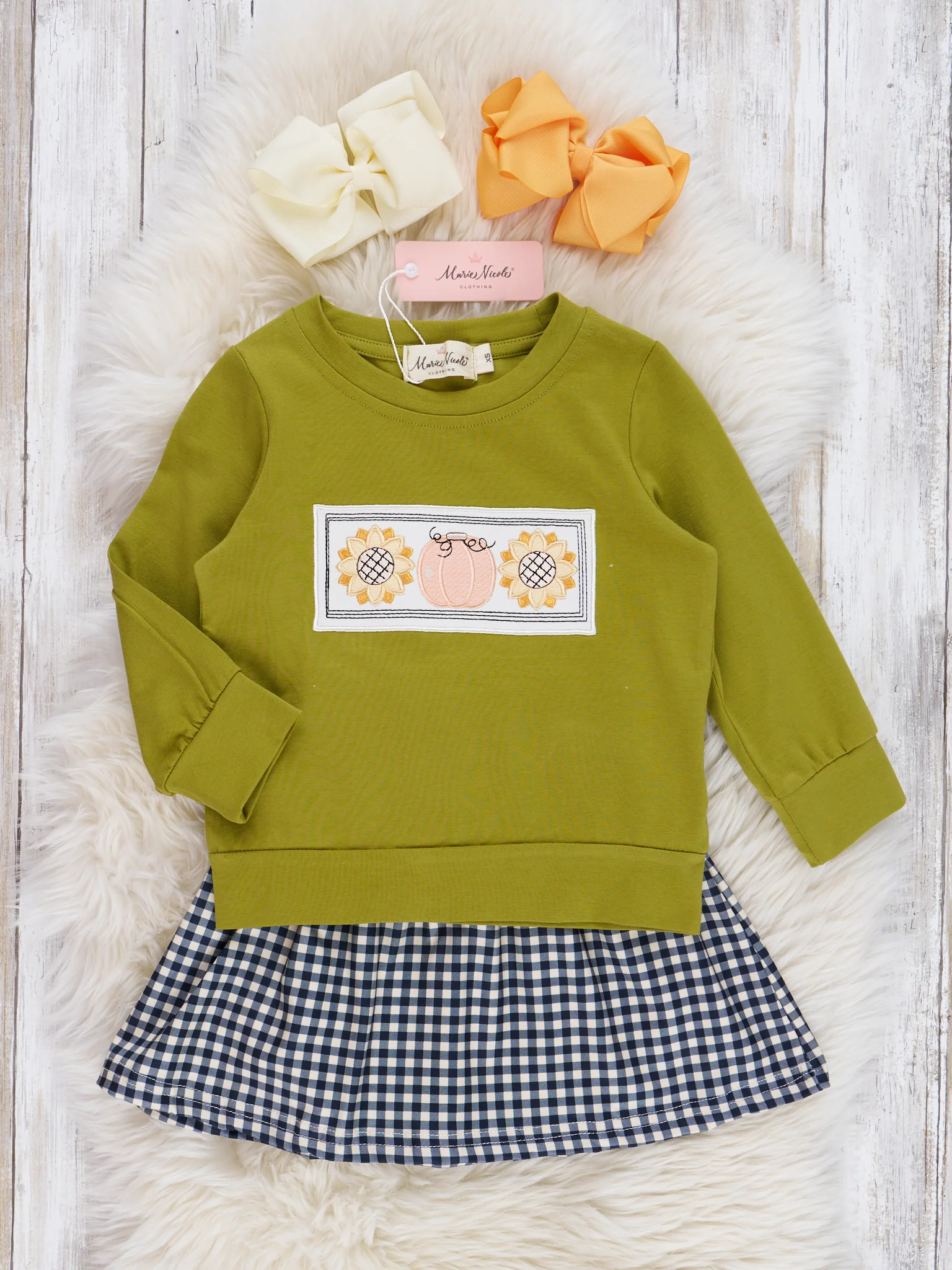 Olive Embroidered Sunflower Gingham Outfit