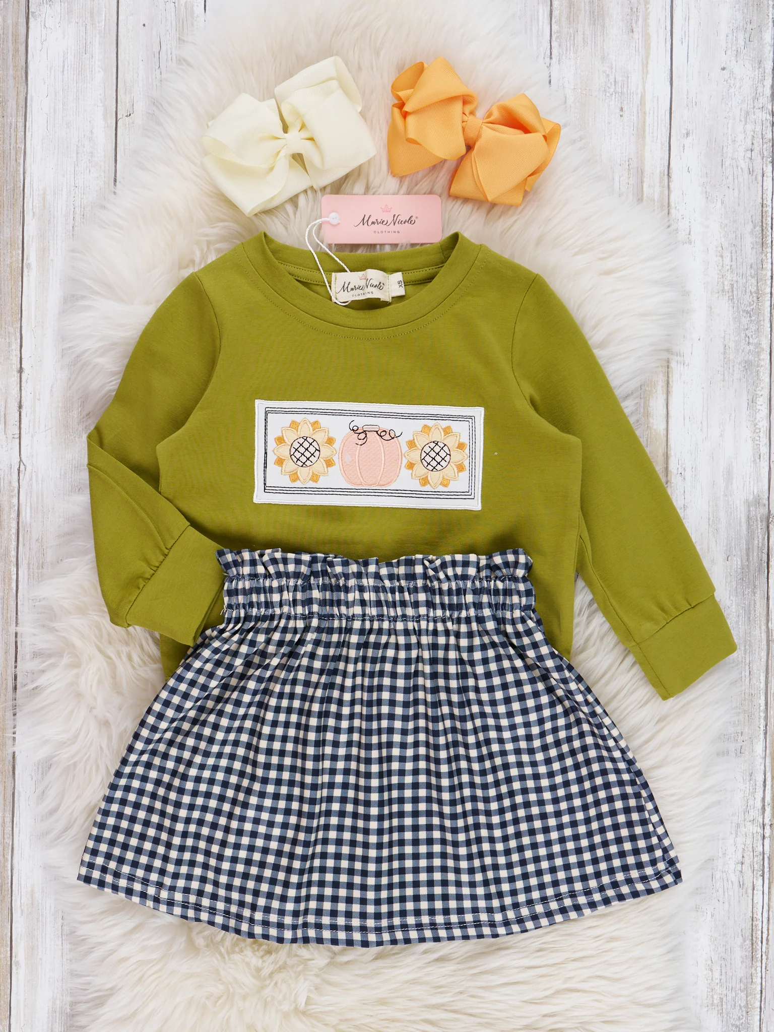 Olive Embroidered Sunflower Gingham Outfit - Image 2