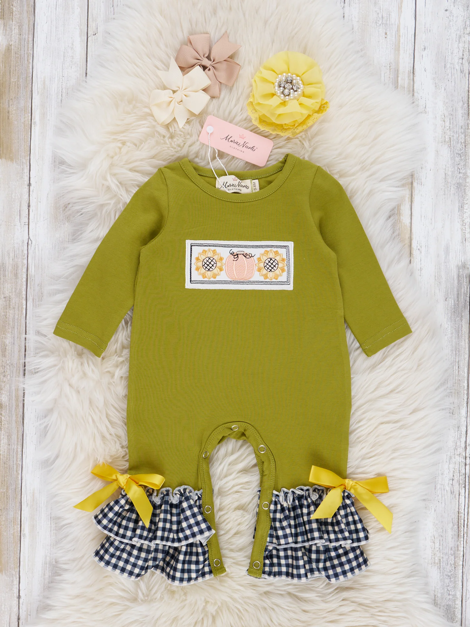 Olive Embroidered Sunflower Gingham Romper