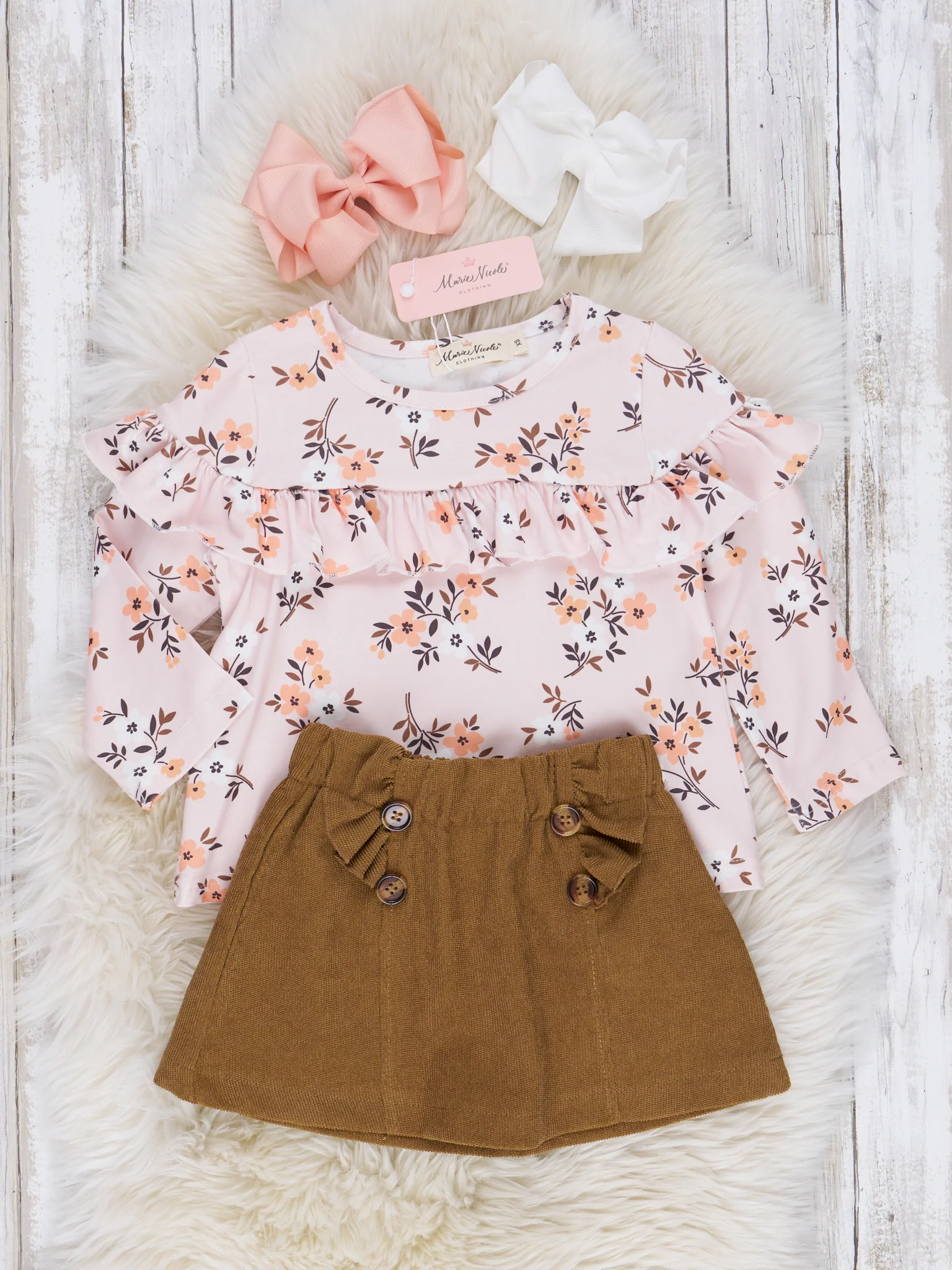 Olive Floral Suede Skirt Ruffle Outfit - Image 2