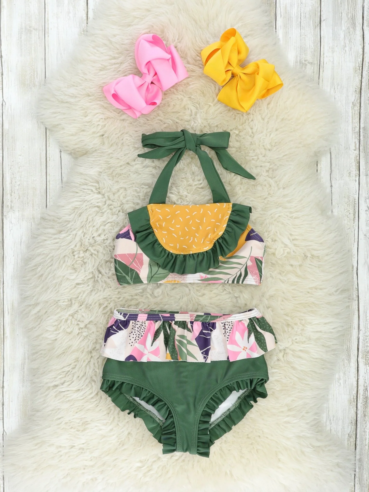 Olive Floral 2-Piece Ruffle Swimsuit