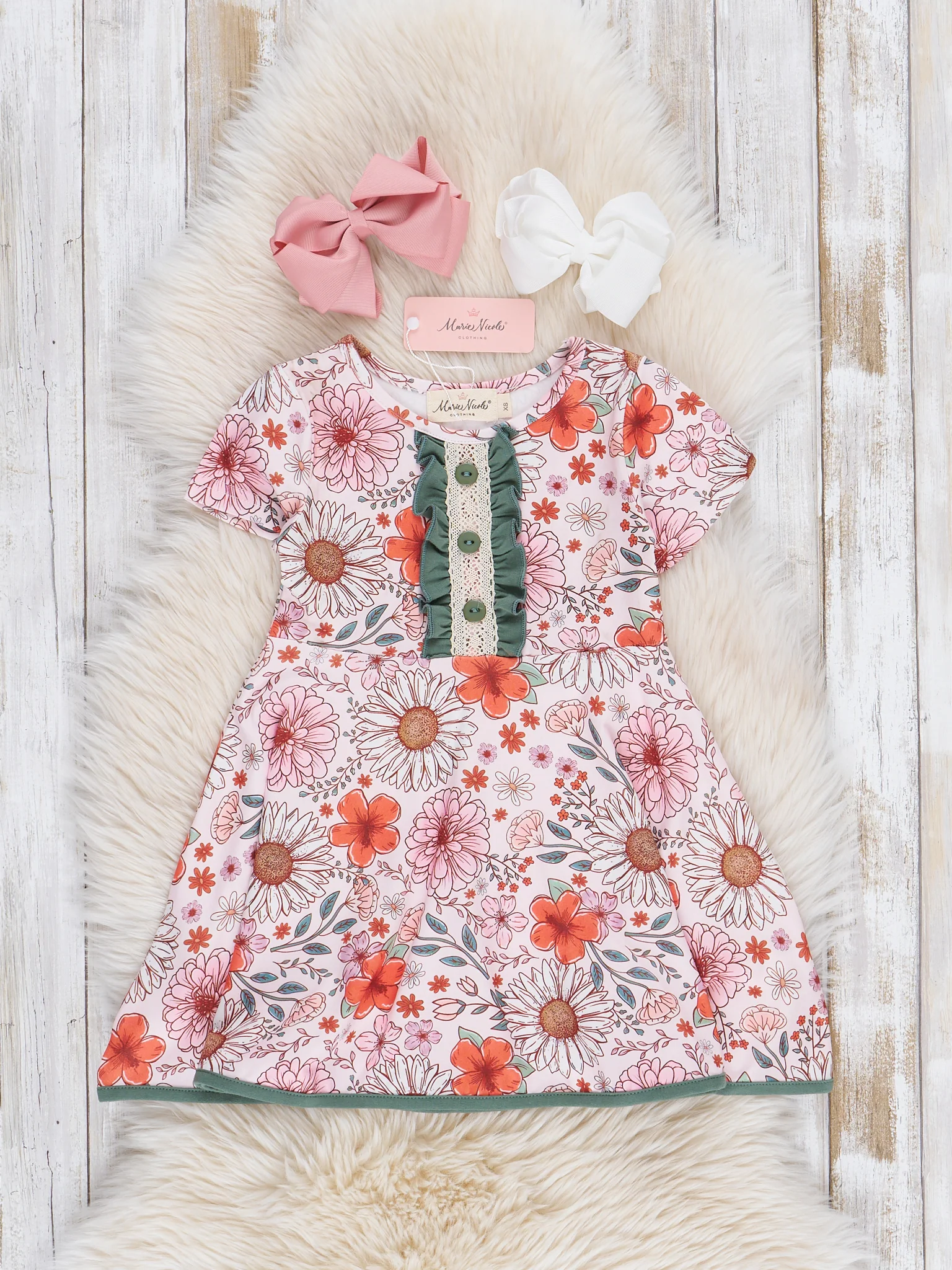 Olive & Orange Floral Ruffle Dress