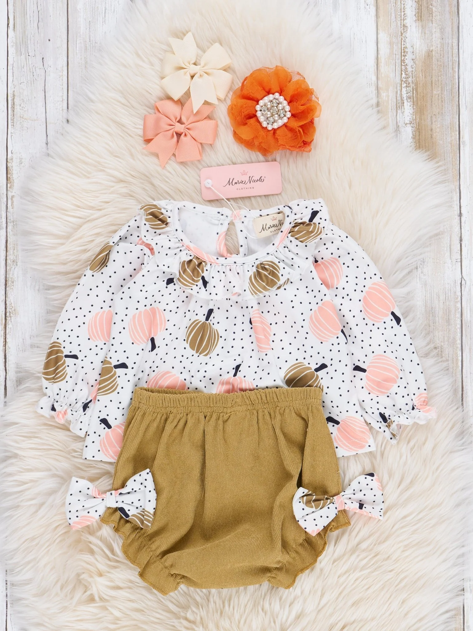 Olive & Peach Pumpkins Corduroy Bloomers Outfit - Image 3