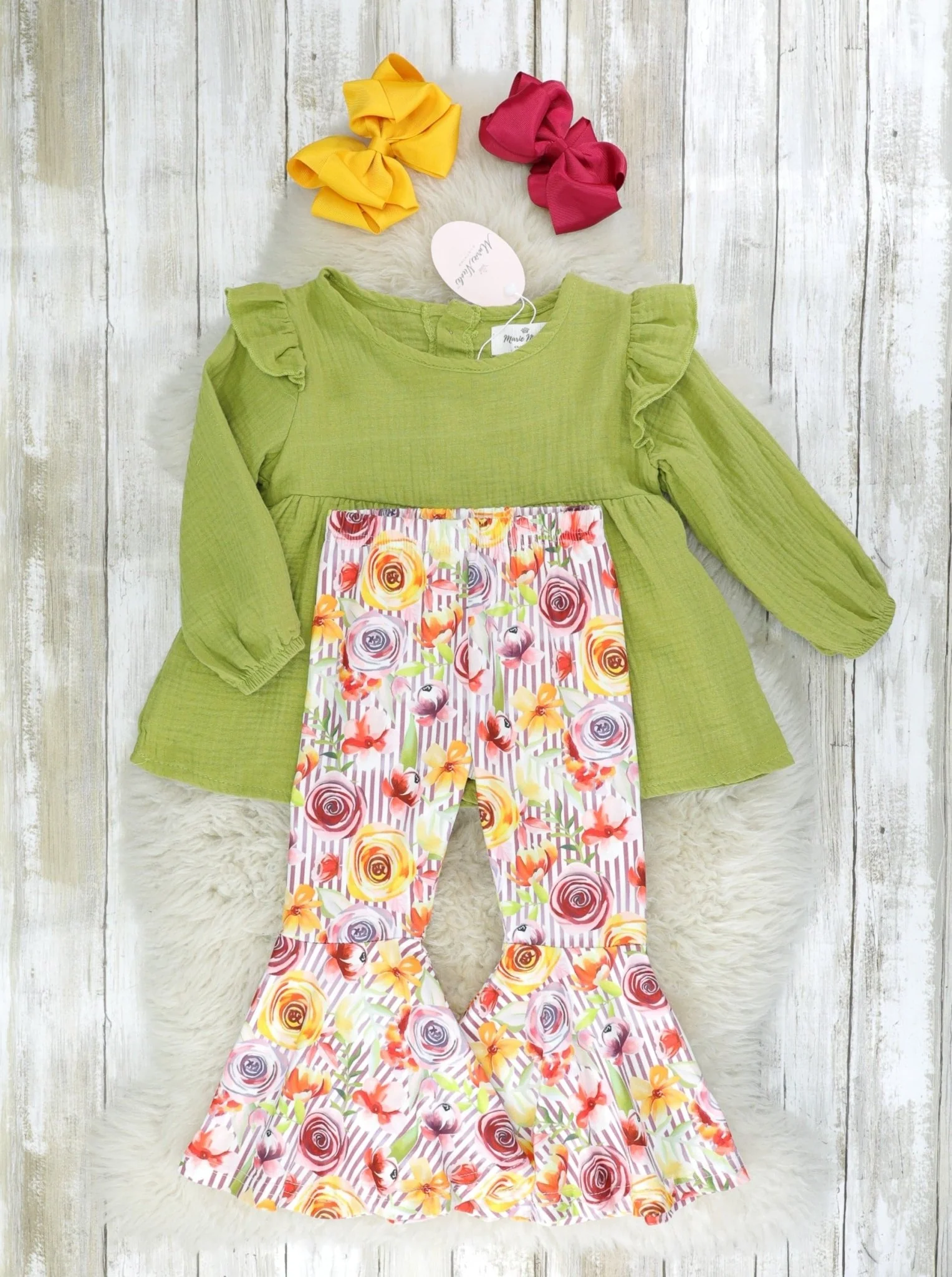 Olive Ruffle Peplum Top & Bright Rose Bell Bottoms - Image 2