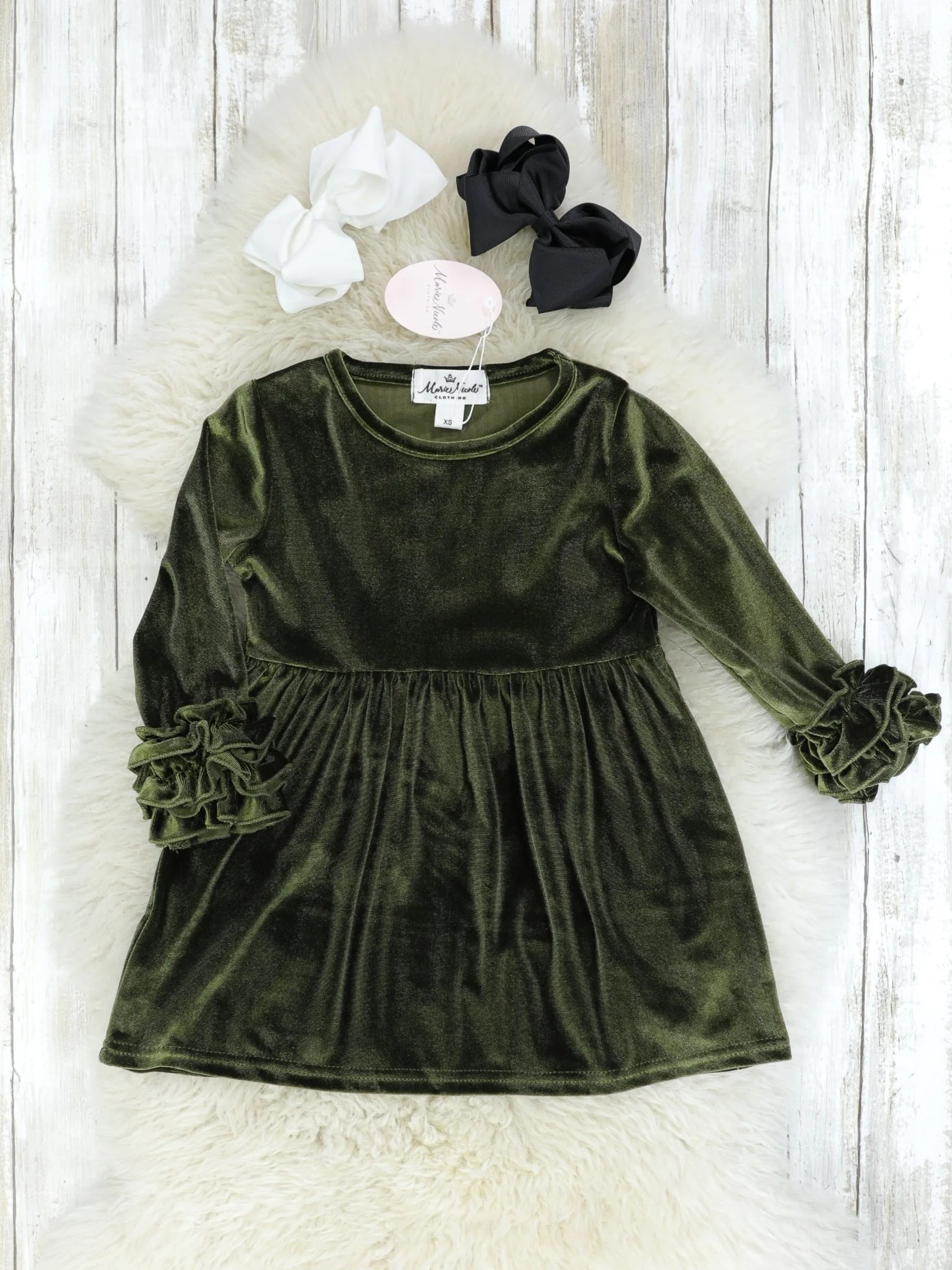 Olive Velvet Icing Ruffle Dress