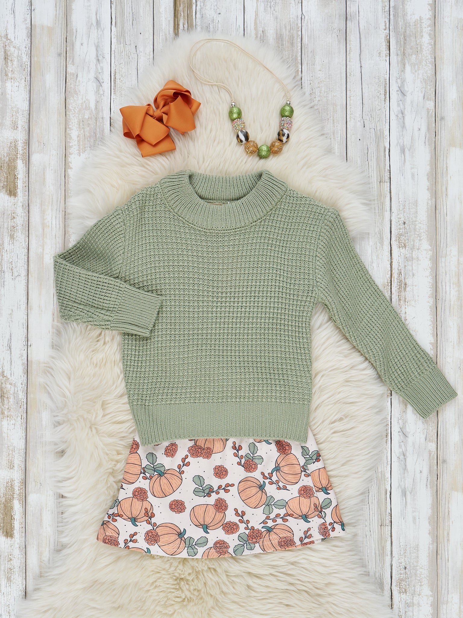 Olive Waffle Knit Sweater & Pumpkin Skirt Outfit - Image 3