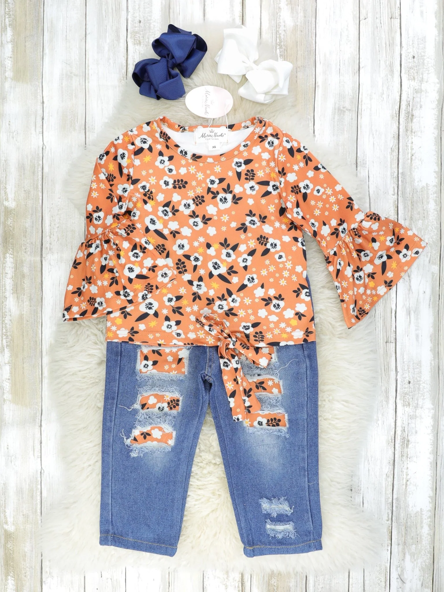 Orange & Black Floral Bell Sleeve Top & Distressed Denim Outfit