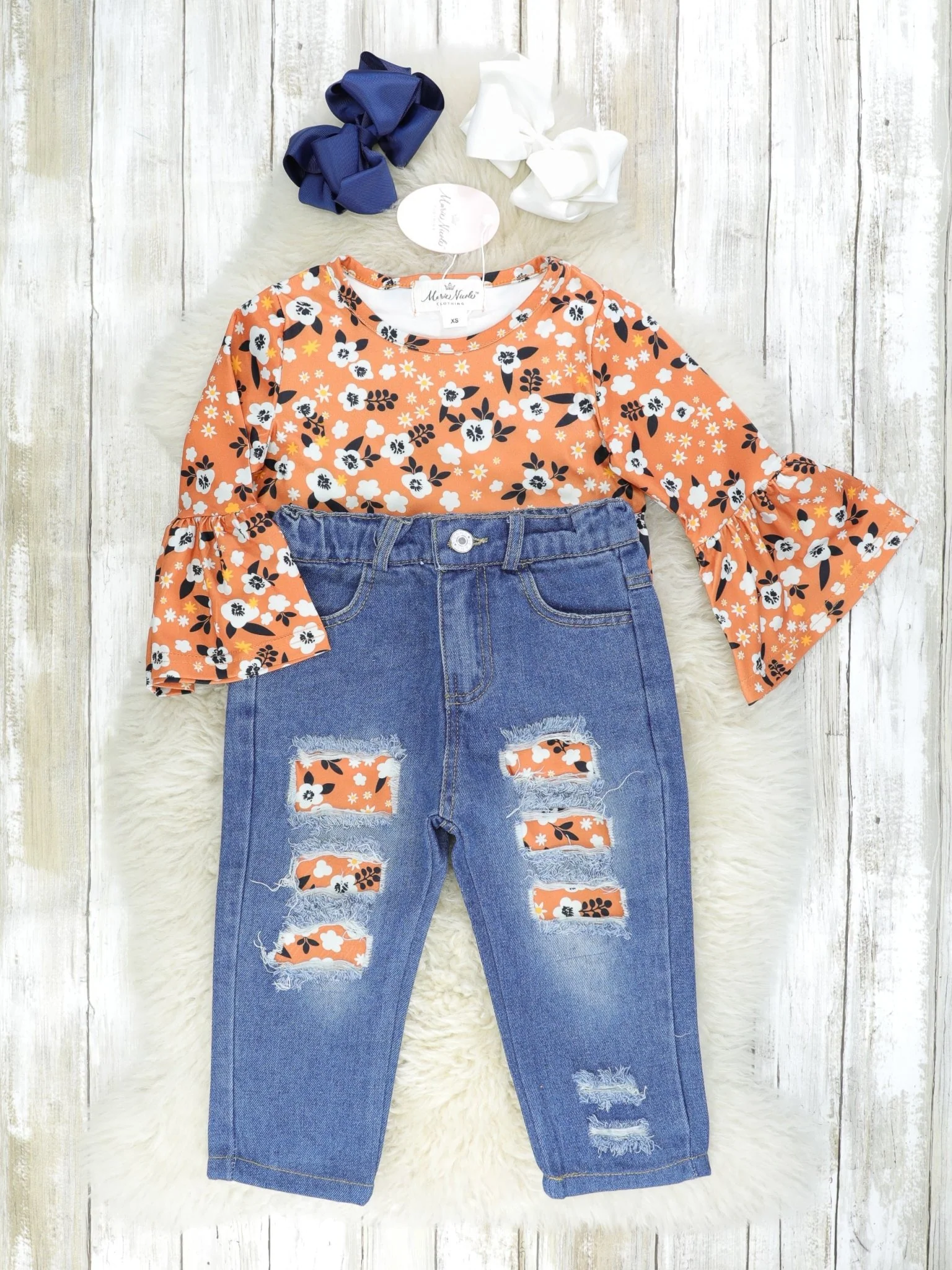 Orange & Black Floral Bell Sleeve Top & Distressed Denim Outfit - Image 2