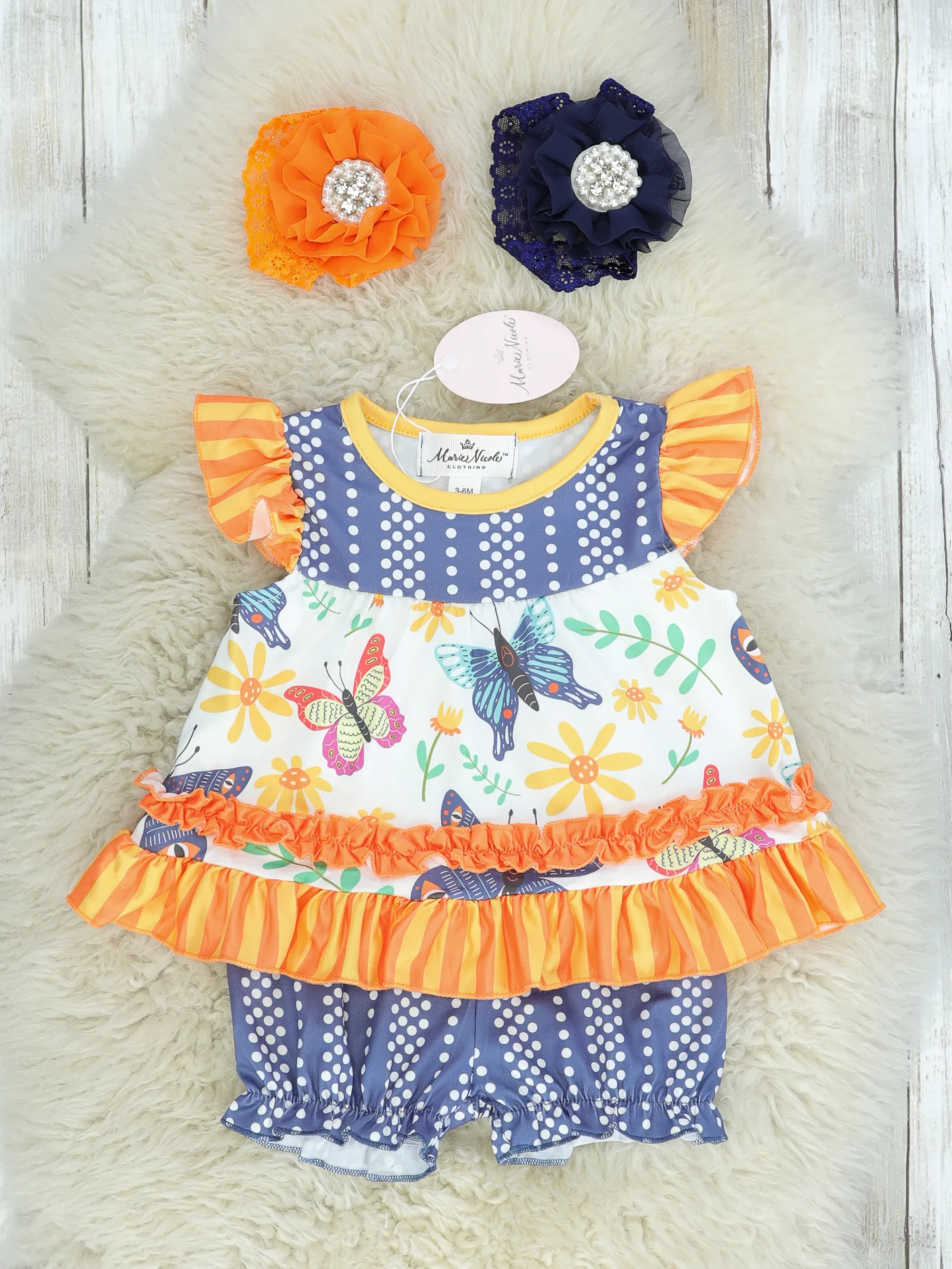 Navy Polka Dot Butterfly Ruffle Outfit