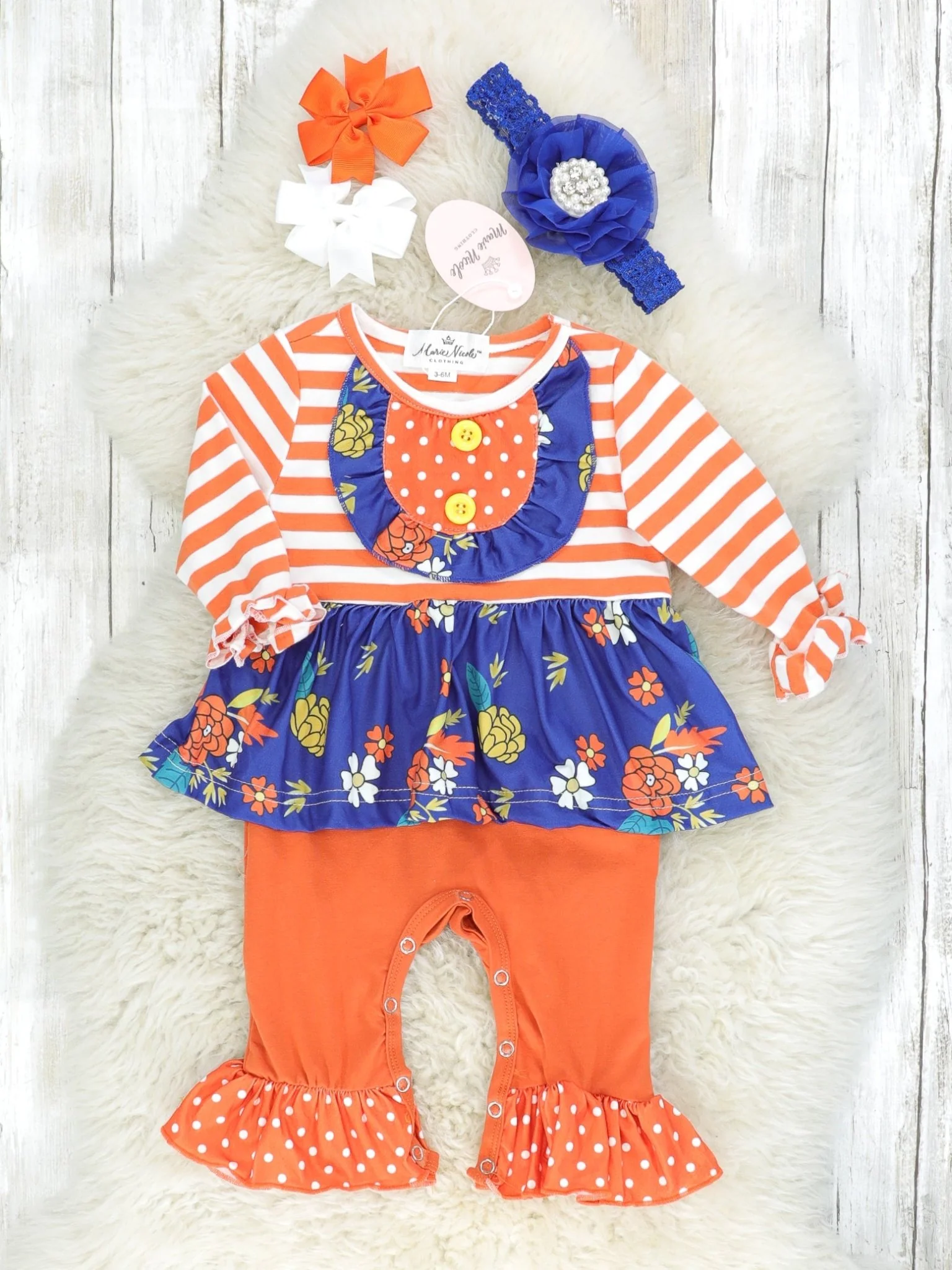 Orange & Blue Floral Dressy Ruffle Romper